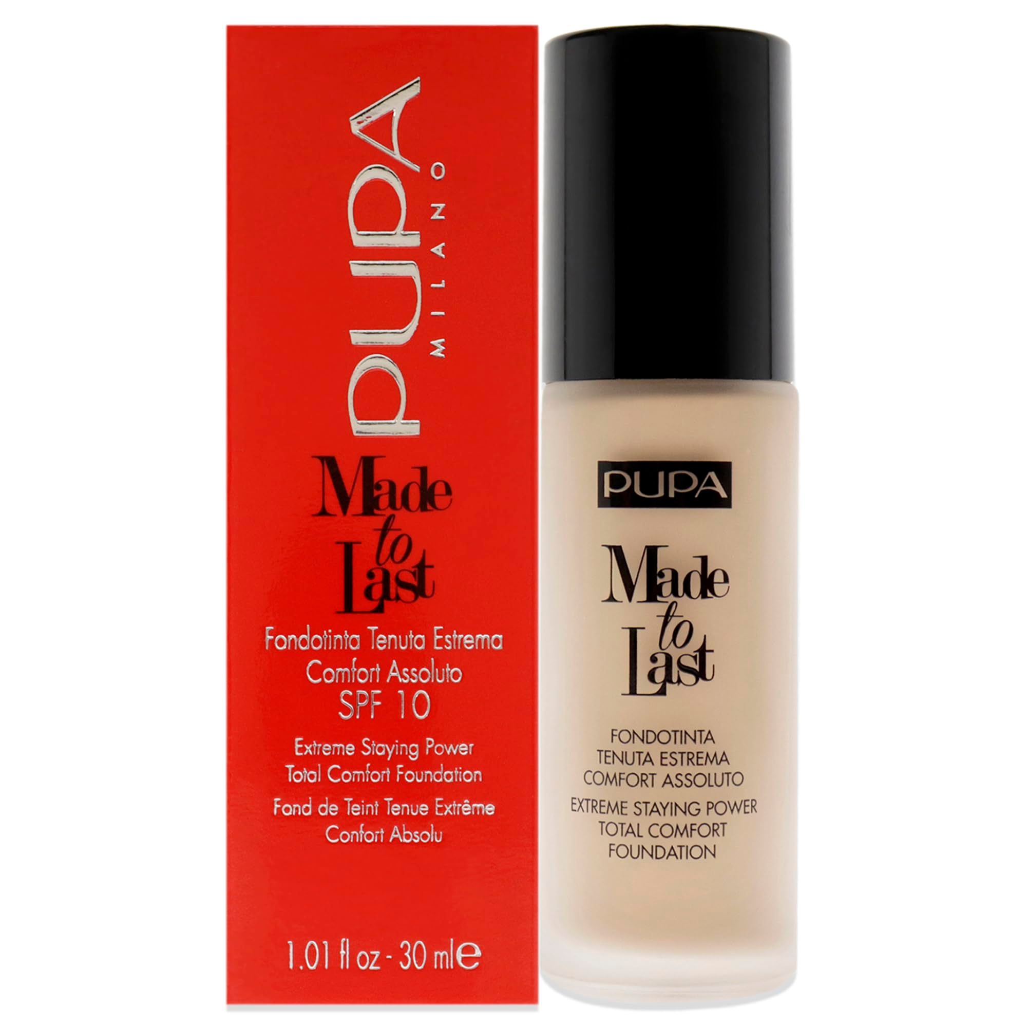Beige Foundation-Flakon und rote Verpackung. Schriftzug: Pupa Made to Last. Text in italienischer und englischer Sprache. SPF 10.