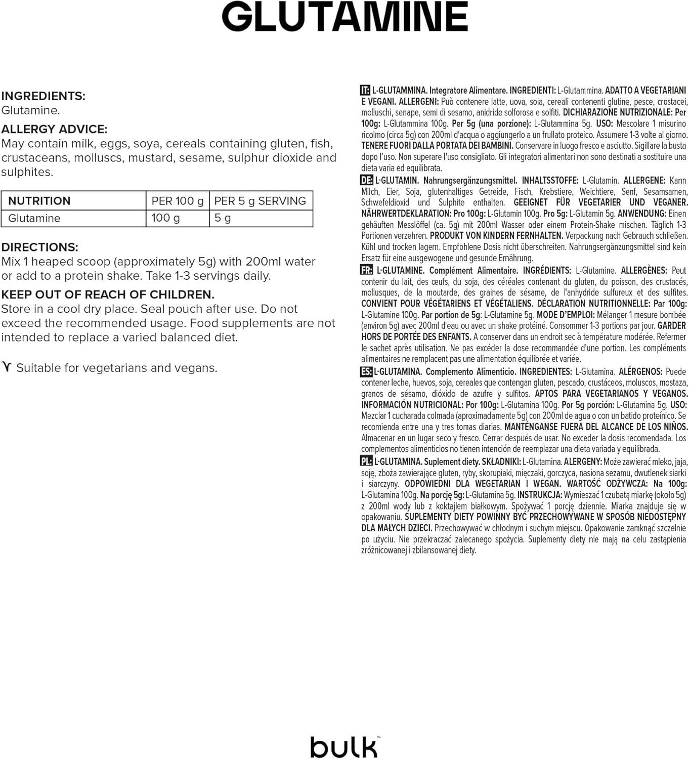 Nährwertinformationen und Zutatenliste auf weißem Hintergrund. Enthält "Glutamine" und "bulk"-Logo.