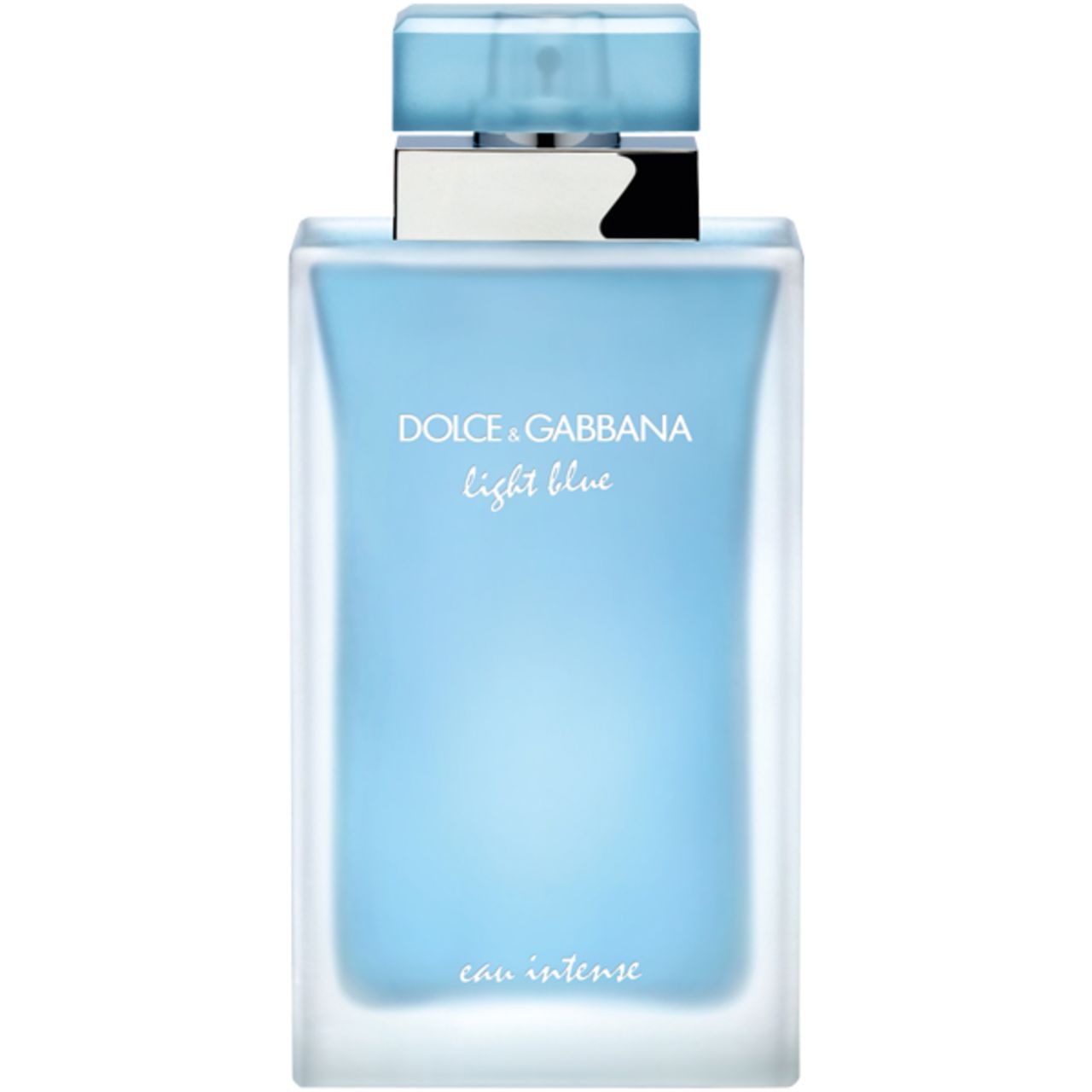 Hellblaues Parfümflakon von Dolce & Gabbana. Rechteckige Form, hellblauer Inhalt, silberner Verschluss, Schriftzug.