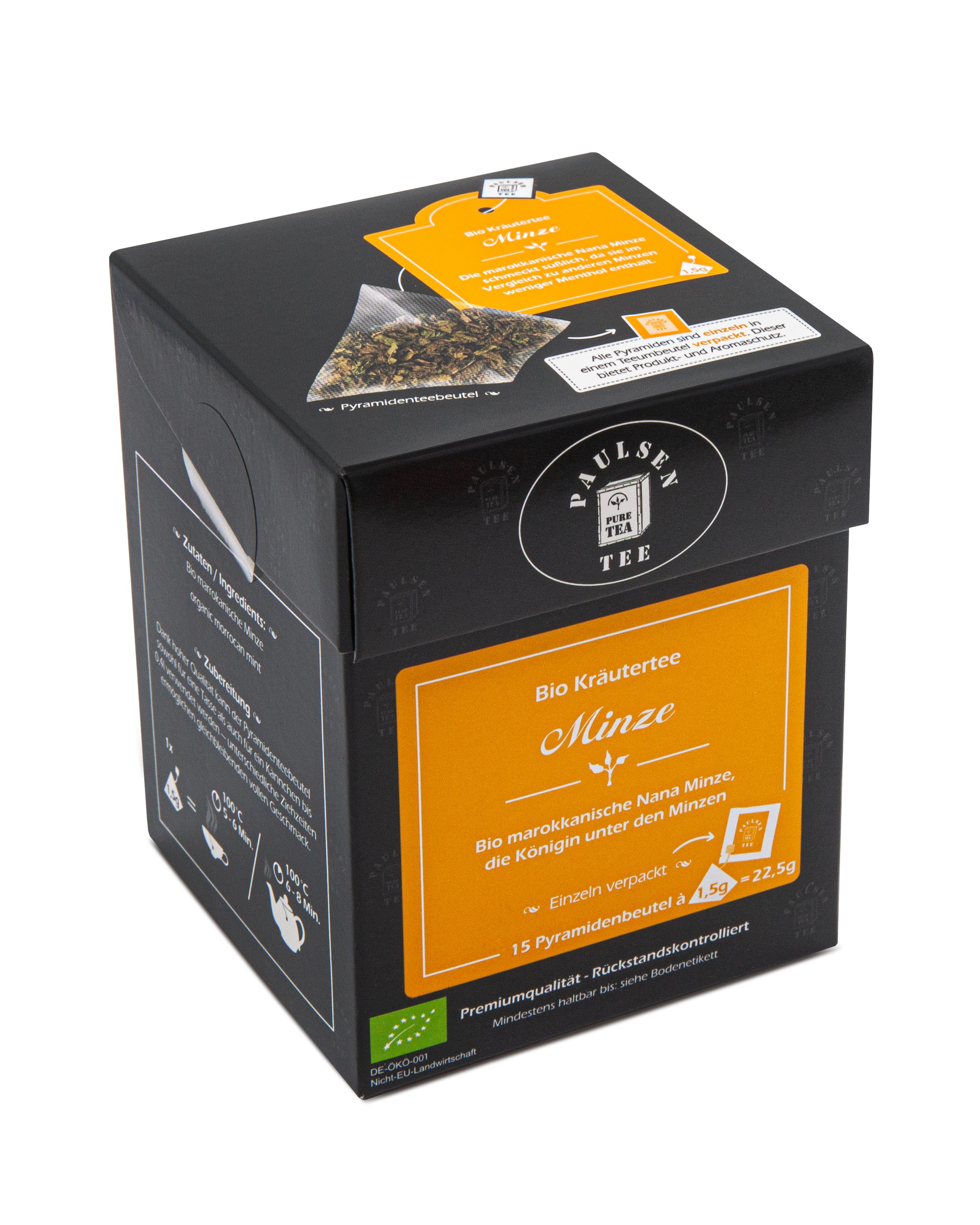 Schwarze Tee-Box mit gelbem Etikett. Aufschrift: Bio Kräutertee Minze. 15 Pyramidenbeutel. Bio-Siegel.