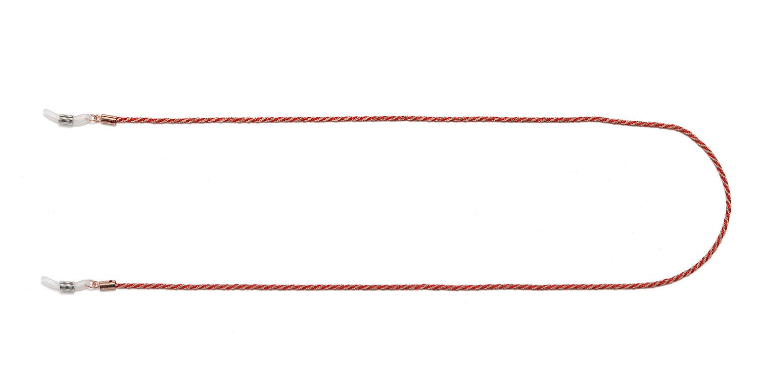 Brillenkette, rot-weiß geflochten, mit transparenten Schlaufen und Metallverbindungen. U-förmig angeordnet auf weißem Hintergrund.