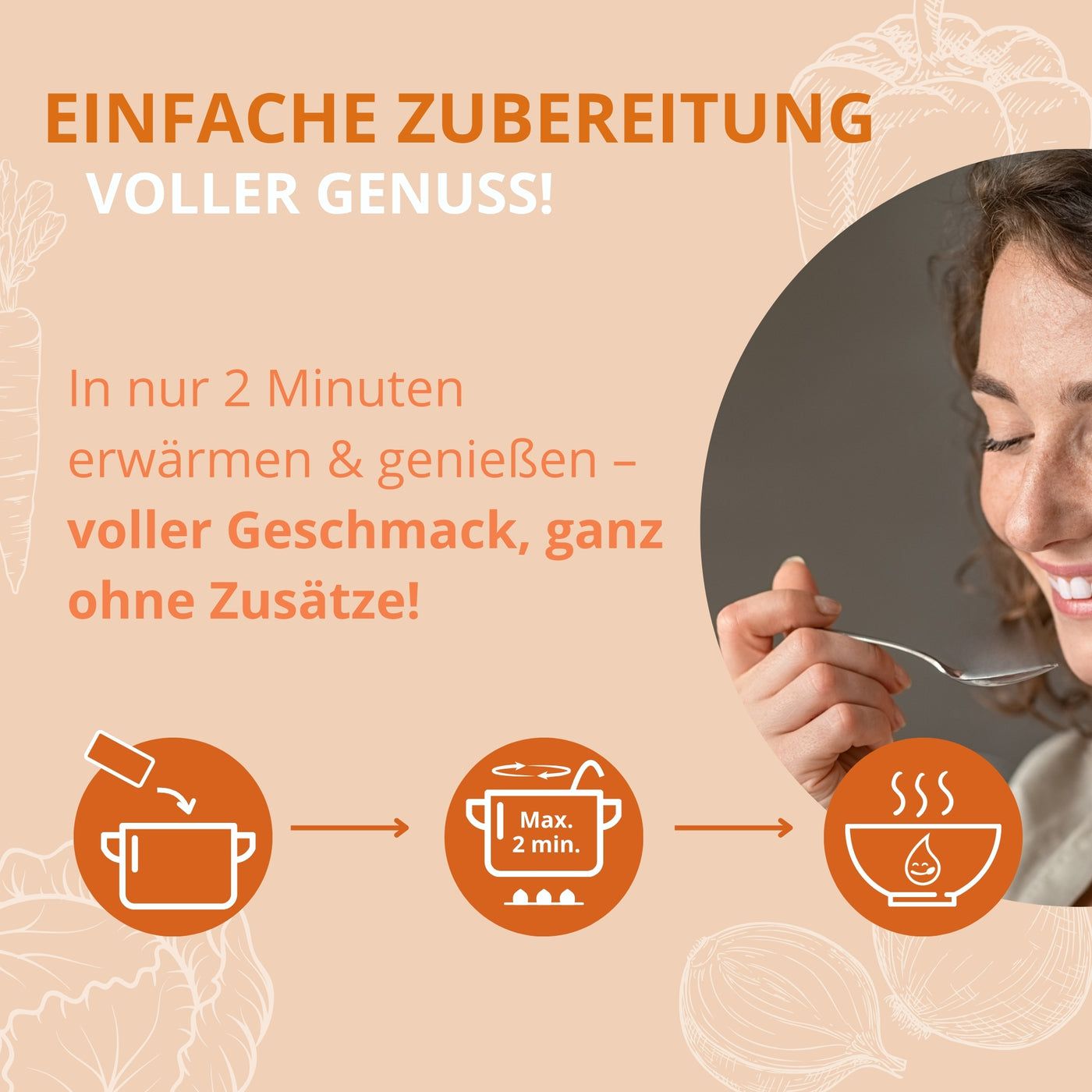 Person isst Suppe. Text: Einfache Zubereitung, in 2 Minuten erwärmen. Grafiken zeigen Zubereitungsschritte: Topf, Herd, Schüssel.