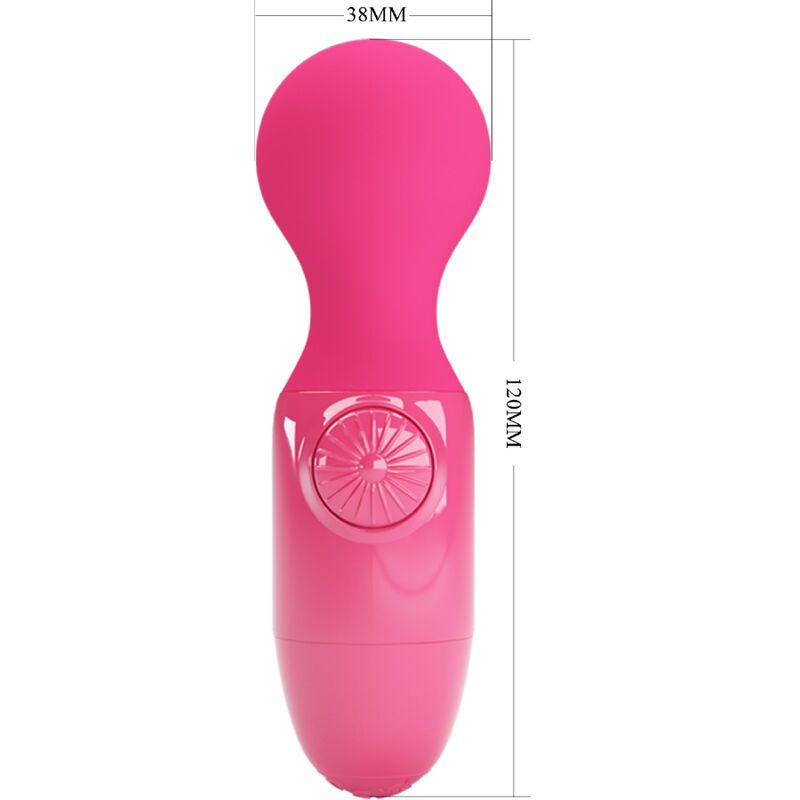 Magenta Mini Massager. Abmessungen: 120mm x 38mm. Abgerundeter Kopf, zylindrischer Körper. Bedienfeld mit Knöpfen.