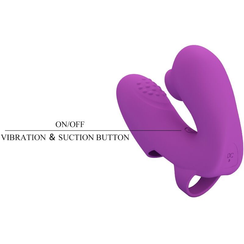 Lila Fingervibrator mit Beschriftung: ON/OFF, VIBRATION & SUCTION BUTTON.