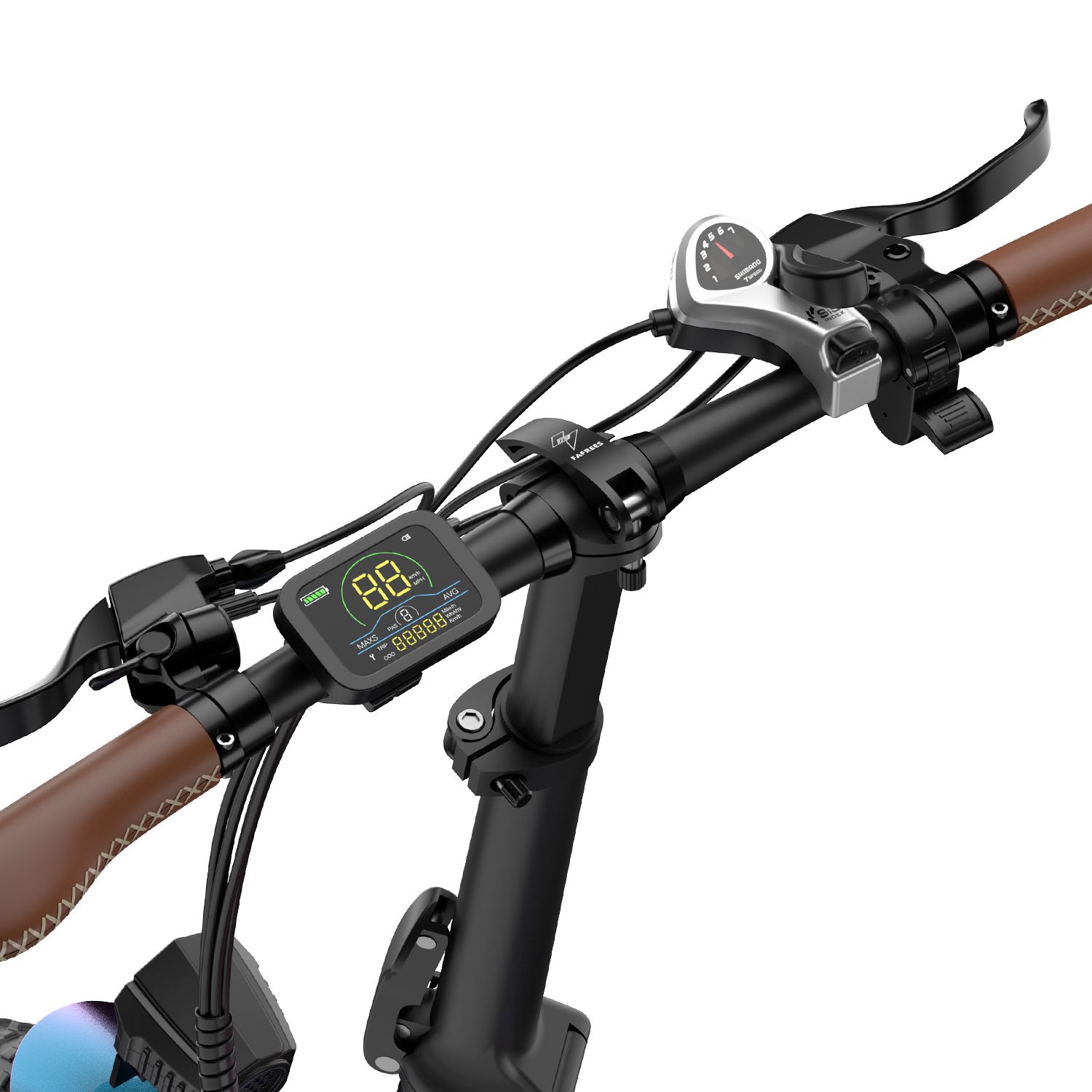 Nahaufnahme des Lenkers mit Display, braunen Griffen. Geschwindigkeitsanzeige und Bedienelemente.