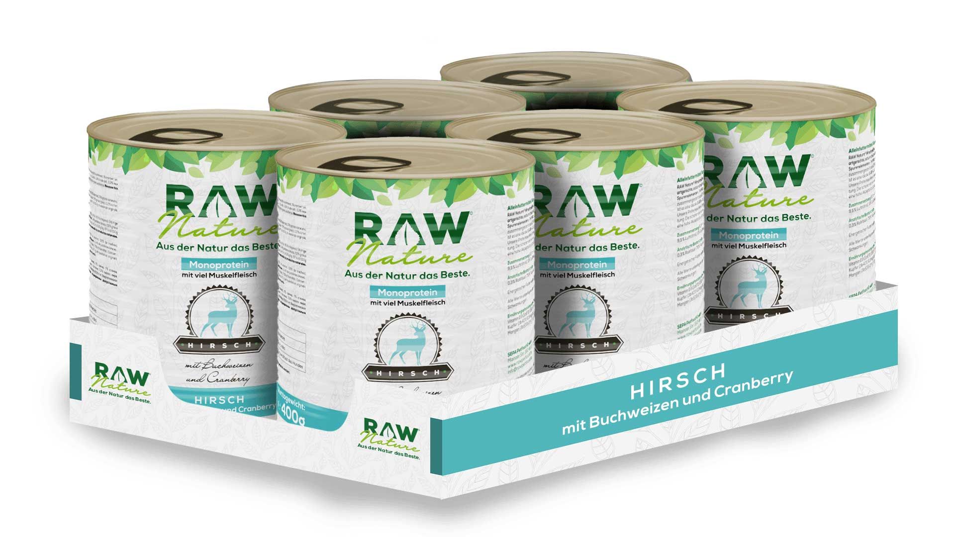 RAW Nature Nassfutter Hirsch mit Möhren & Amaranth als Monoprotein 6x800 g Futter