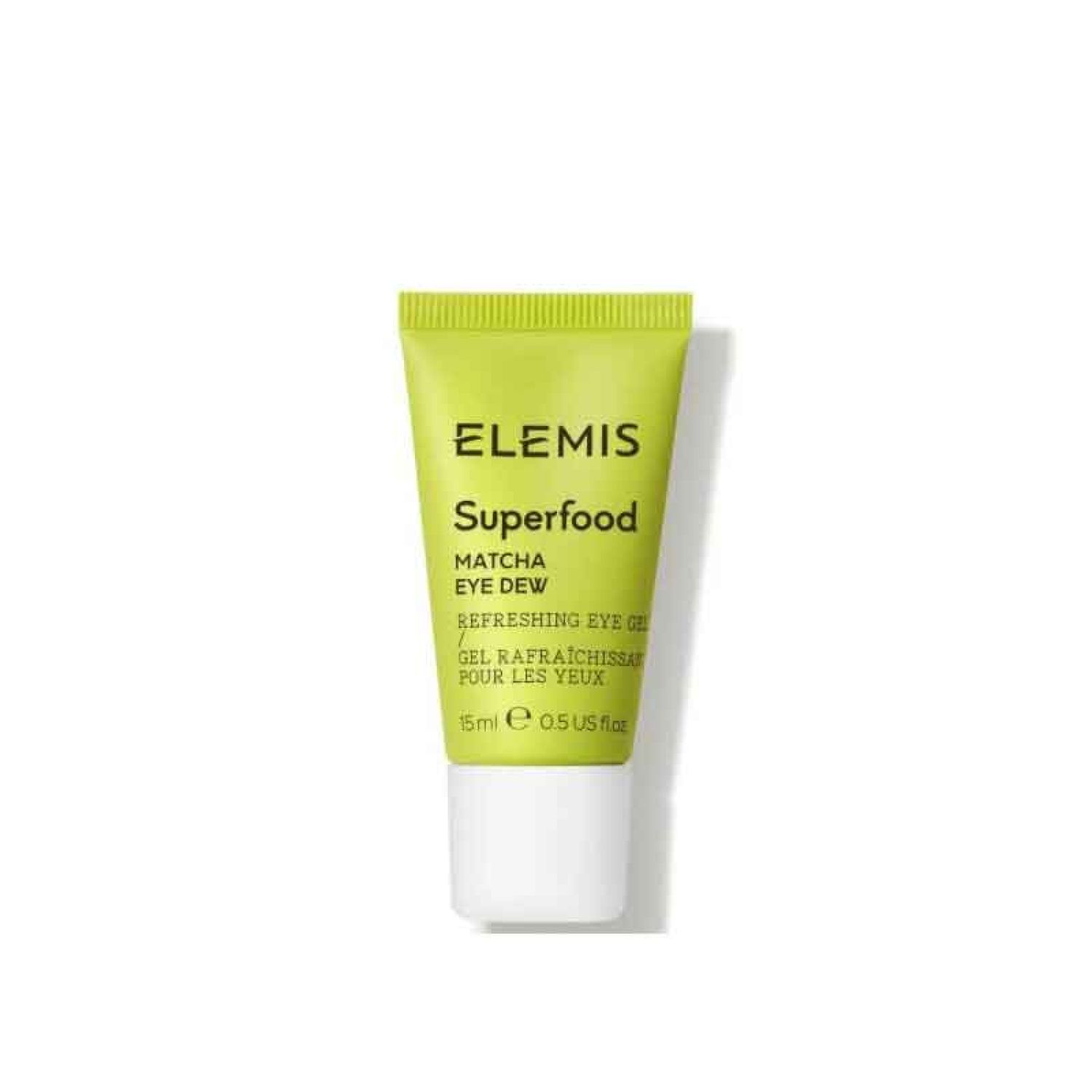Grüne Tube mit weißem Verschluss. Aufschrift: ELEMIS Superfood Matcha Eye Dew. Gel für die Augen.