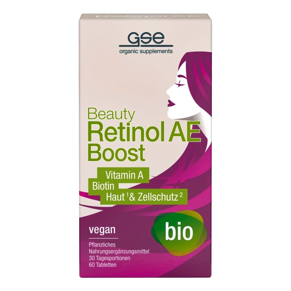 Verpackung von GSE Beauty Retinol AE-Boost. Enthält Vitamin A, Biotin. Vegan, bio-zertifiziert. Aufdruck: Haut- und Zellschutz.