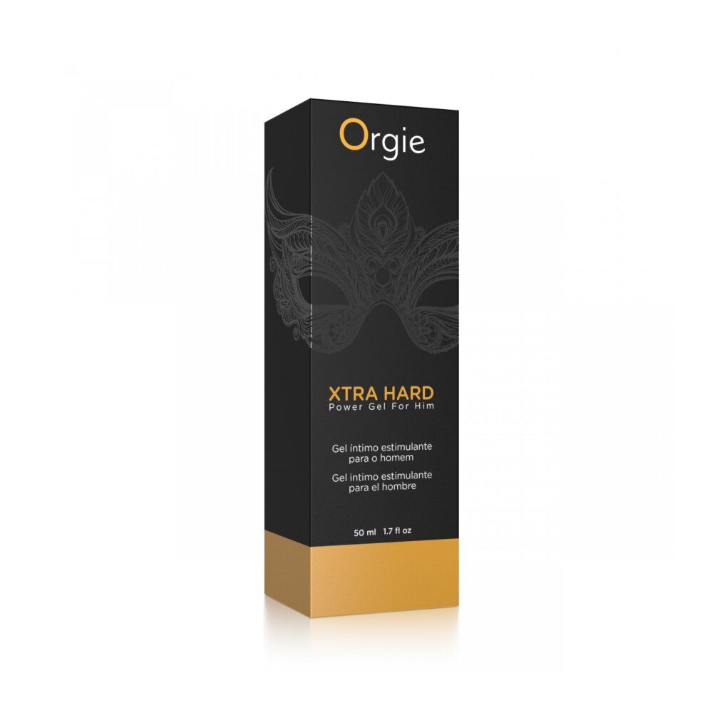 Schwarze Verpackung mit Logo und Produktnamen. Text: XTRA HARD Power Gel For Him. Unten: 50 ml 1.7 fl oz.