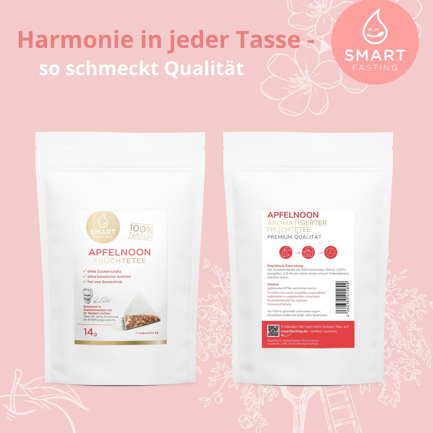 Zwei weiße Beutel Smart Fasting Apfelnoon Früchtetee. Aufschrift: 100% Natur. Pyramidenbeutel. Premium Qualität. Zertifizierungen.