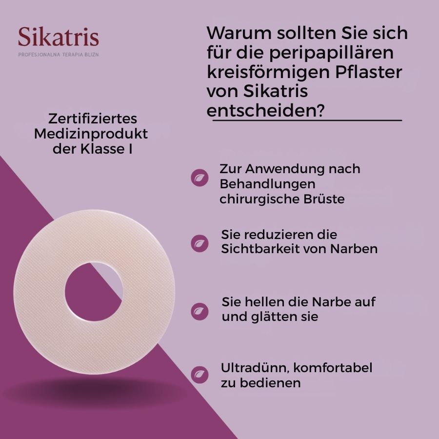 Infografik mit einem kreisförmigen Pflaster. Text: Warum Sikatris wählen? Zertifiziertes Medizinprodukt.