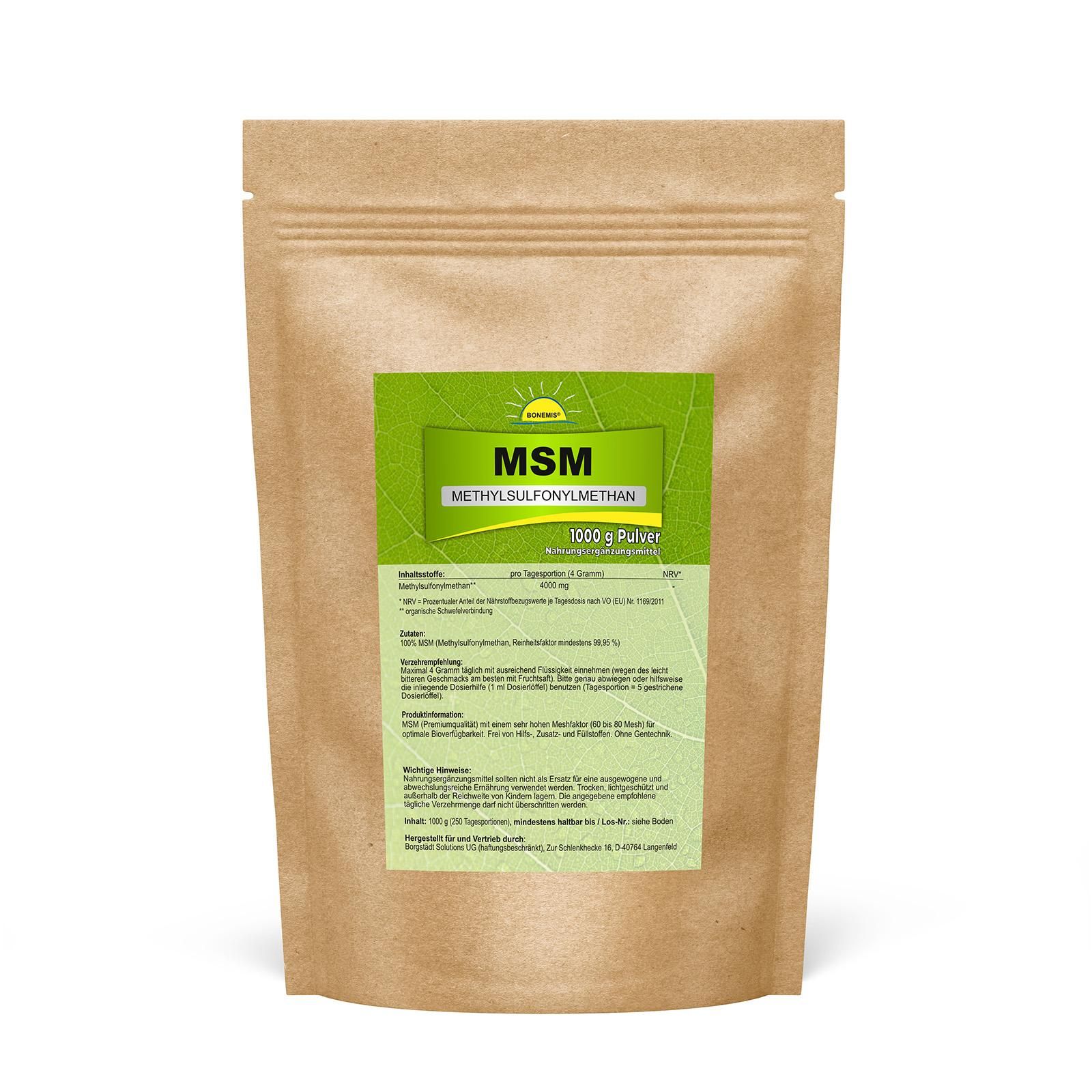 Bonemis® Premium MSM Pulver, ohne Siliziumdioxid, DMSO-Rückstände, im Beutel 1 kg Pulver