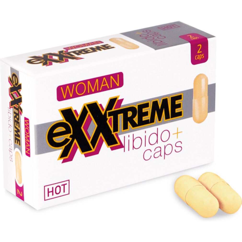 Verpackung mit zwei Kapseln. Aufschrift: eXXtreme Libido+ caps, Woman, HOT. Zwei Kapseln liegen daneben.