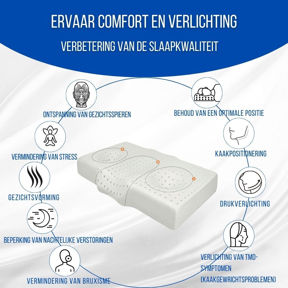 Ergonomisch kussen met tekst: Ontspanning van gezichtsspieren, stressvermindering, etc.