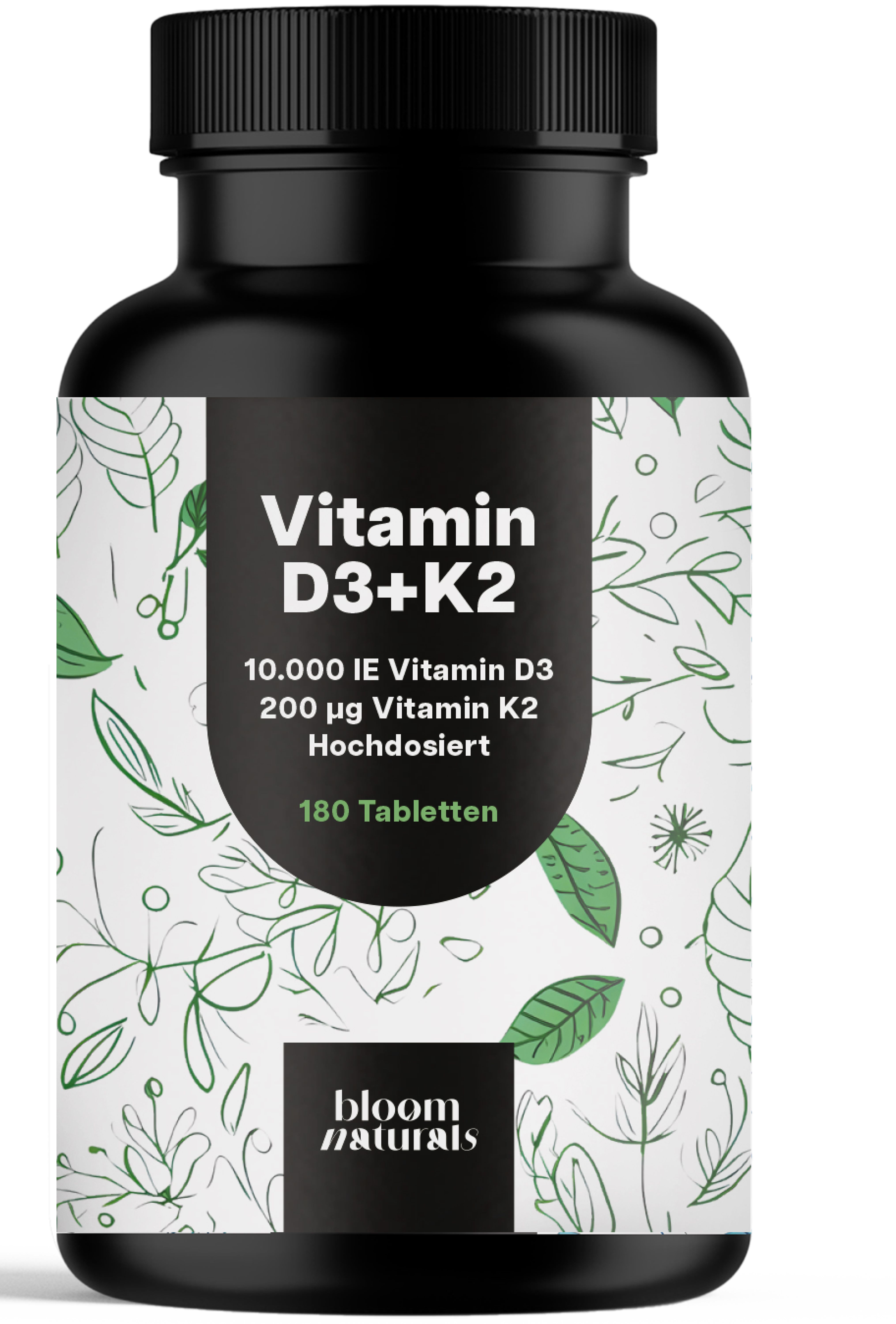 Schwarze Flasche mit weißem Etikett. Aufschrift: Vitamin D3+K2, 10.000 IE Vitamin D3, 200 µg Vitamin K2, 180 Tabletten. Marke: bloom naturals.