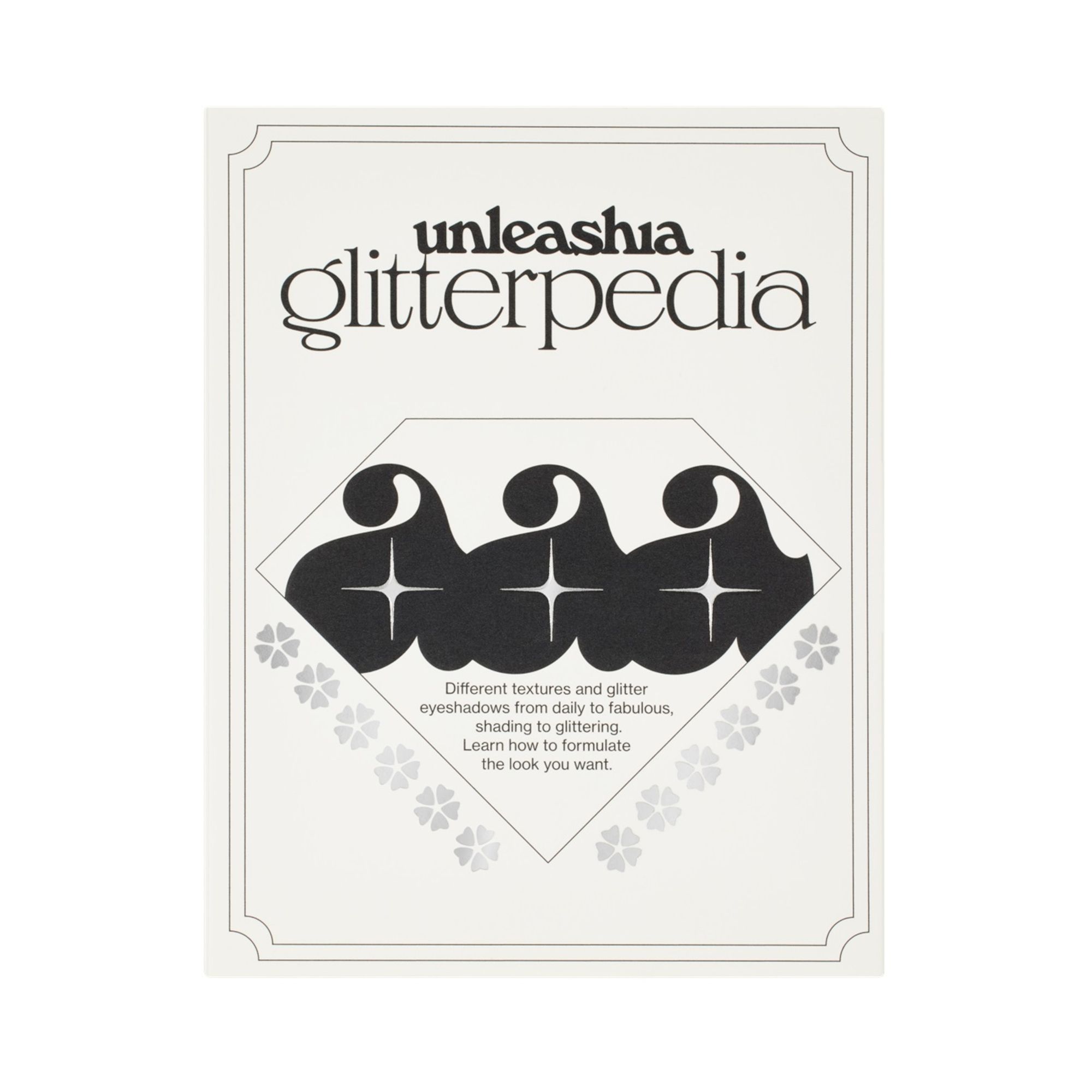 Verpackung von Unleashia Glitterpedia. Weißer Hintergrund mit schwarzem Logo und Text. Enthält eine Diamantform mit Wellen.