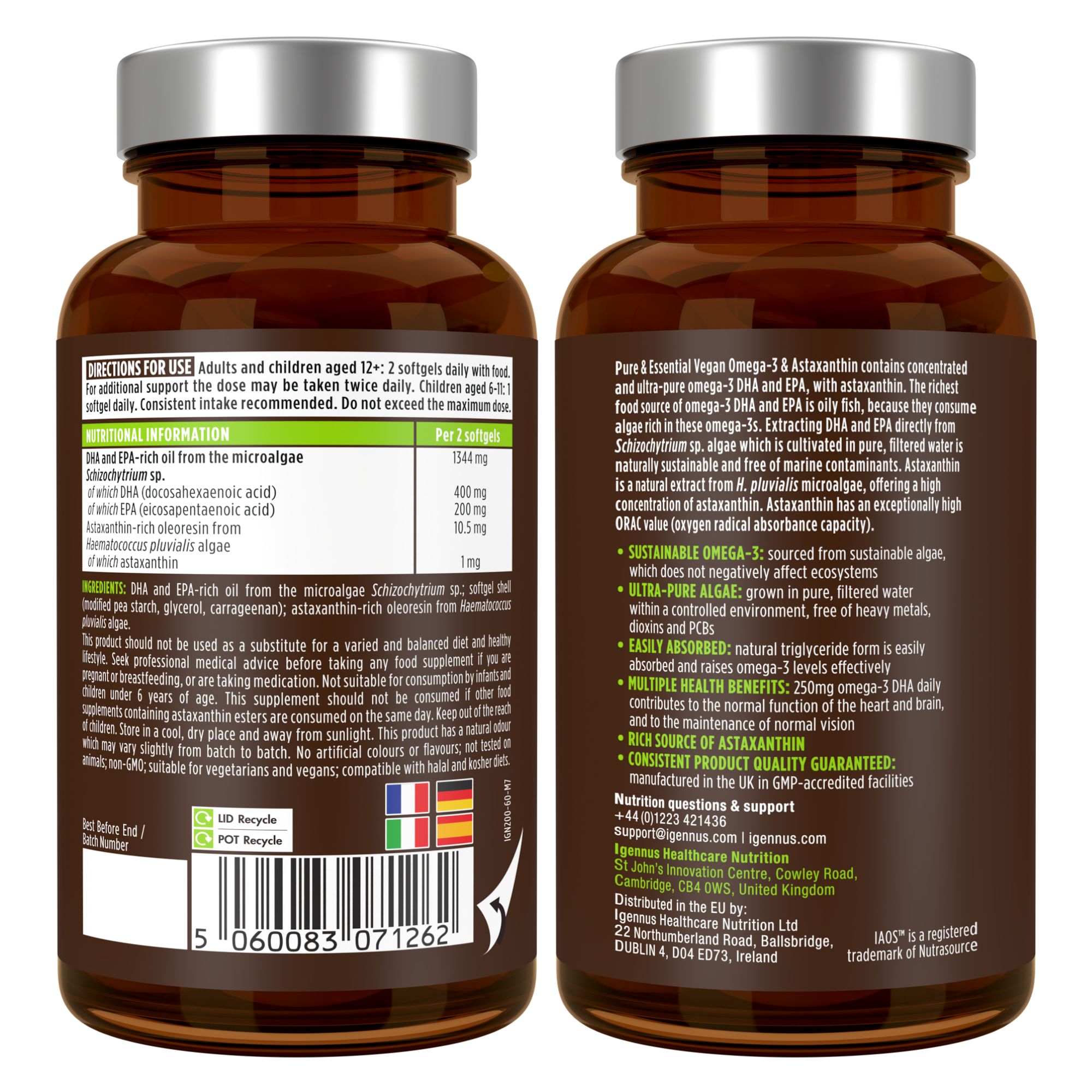 Rückseite einer Flasche Igennus Vegan Omega-3. Enthält Nährwertangaben und Inhaltsstoffe.