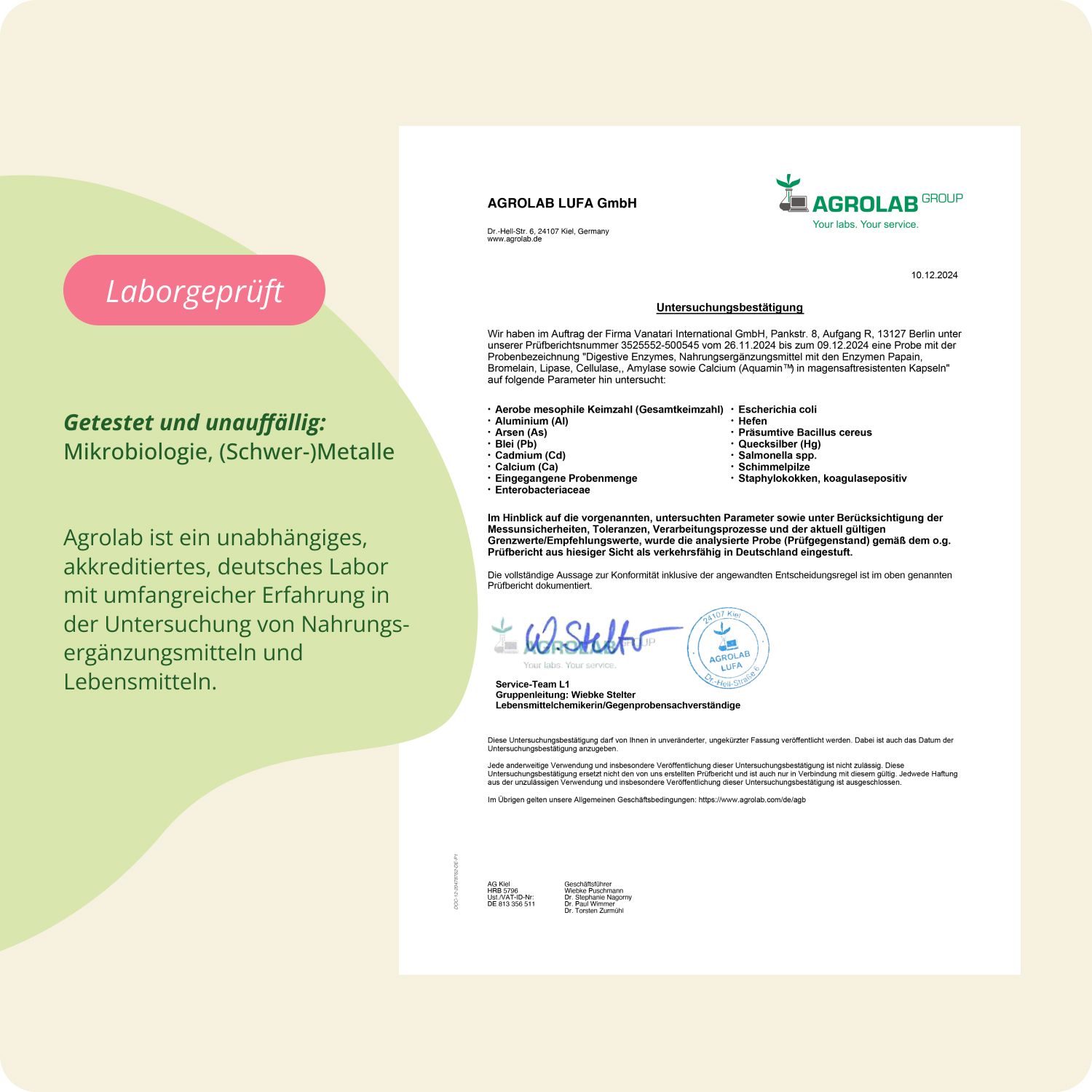 Laborbericht von Agrolab für Vegavaro Digestive Enzymes, getestet auf Mikrobiologie.