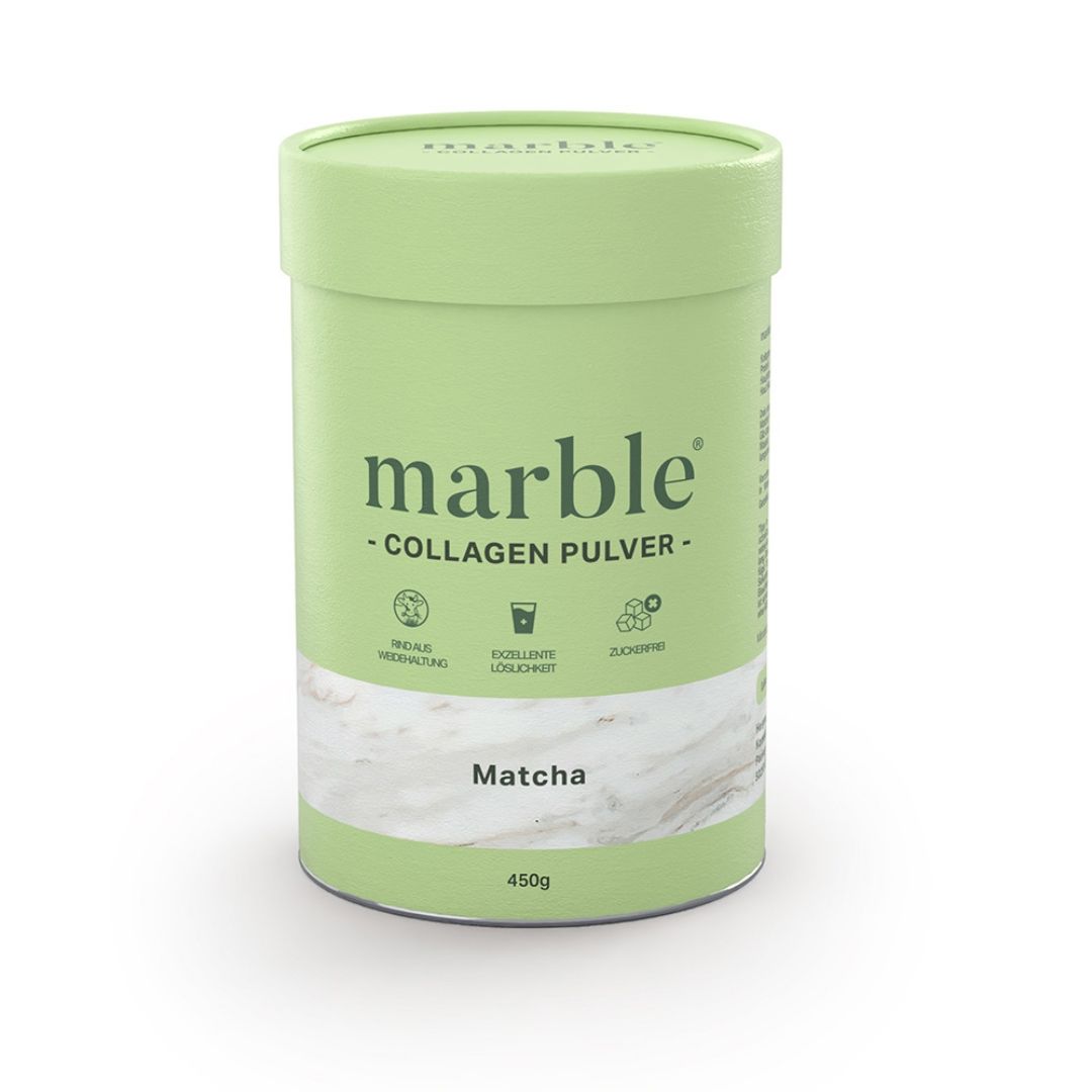 Grüne Dose mit "marble" und "Collagen Pulver Matcha" Aufschrift. 450g. Produktabbildung.