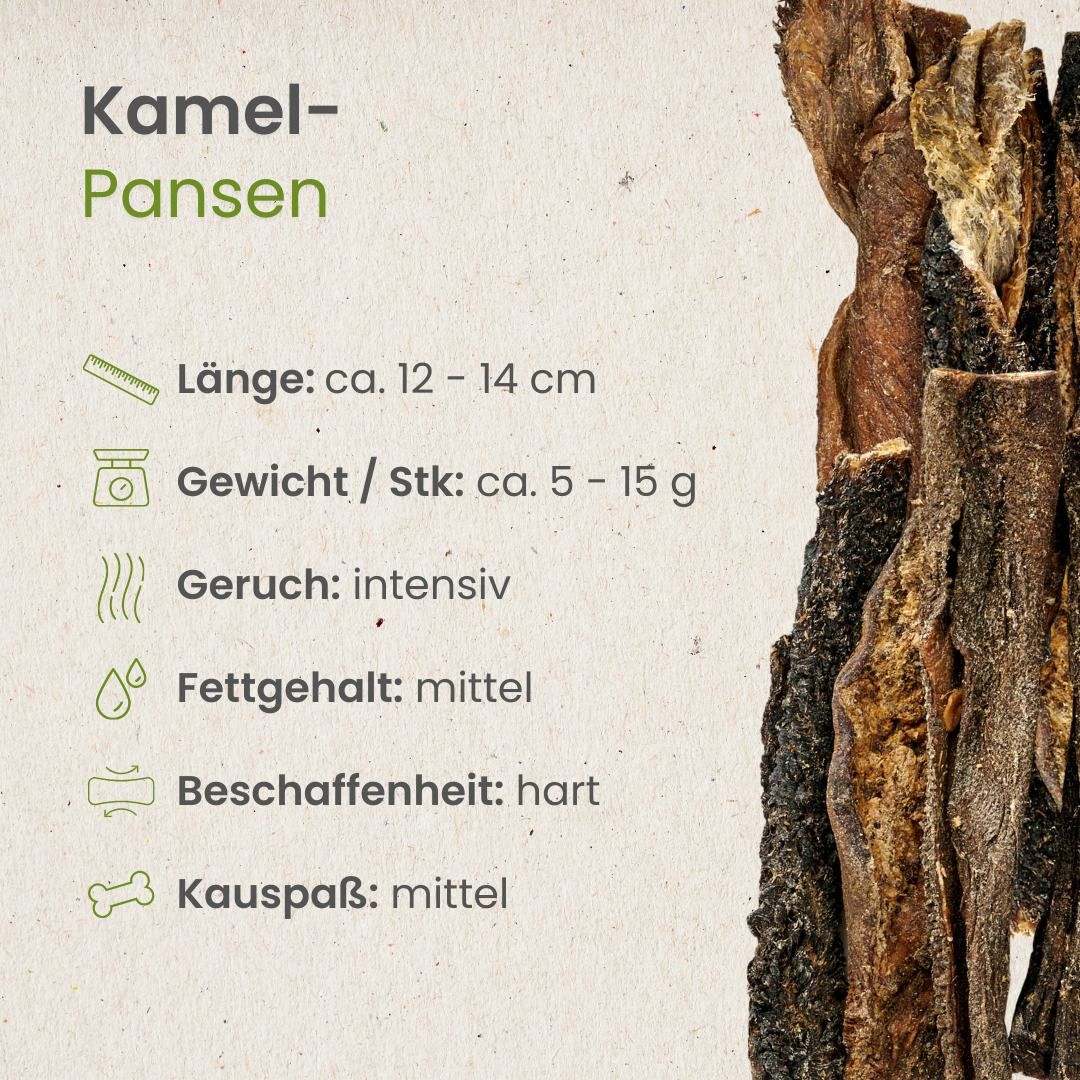 Getrocknete Kamel-Pansenstücke, 12-14 cm lang, proteinreich, 100% Kamel.
