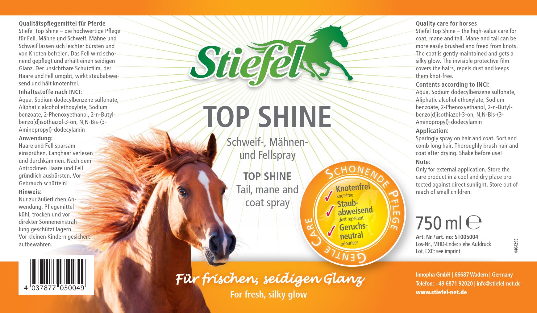 Etikett mit Produktname TOP SHINE, Pferd, Text. Orangefarbener Kreis mit Text. 750 ml. Stiefel Logo.