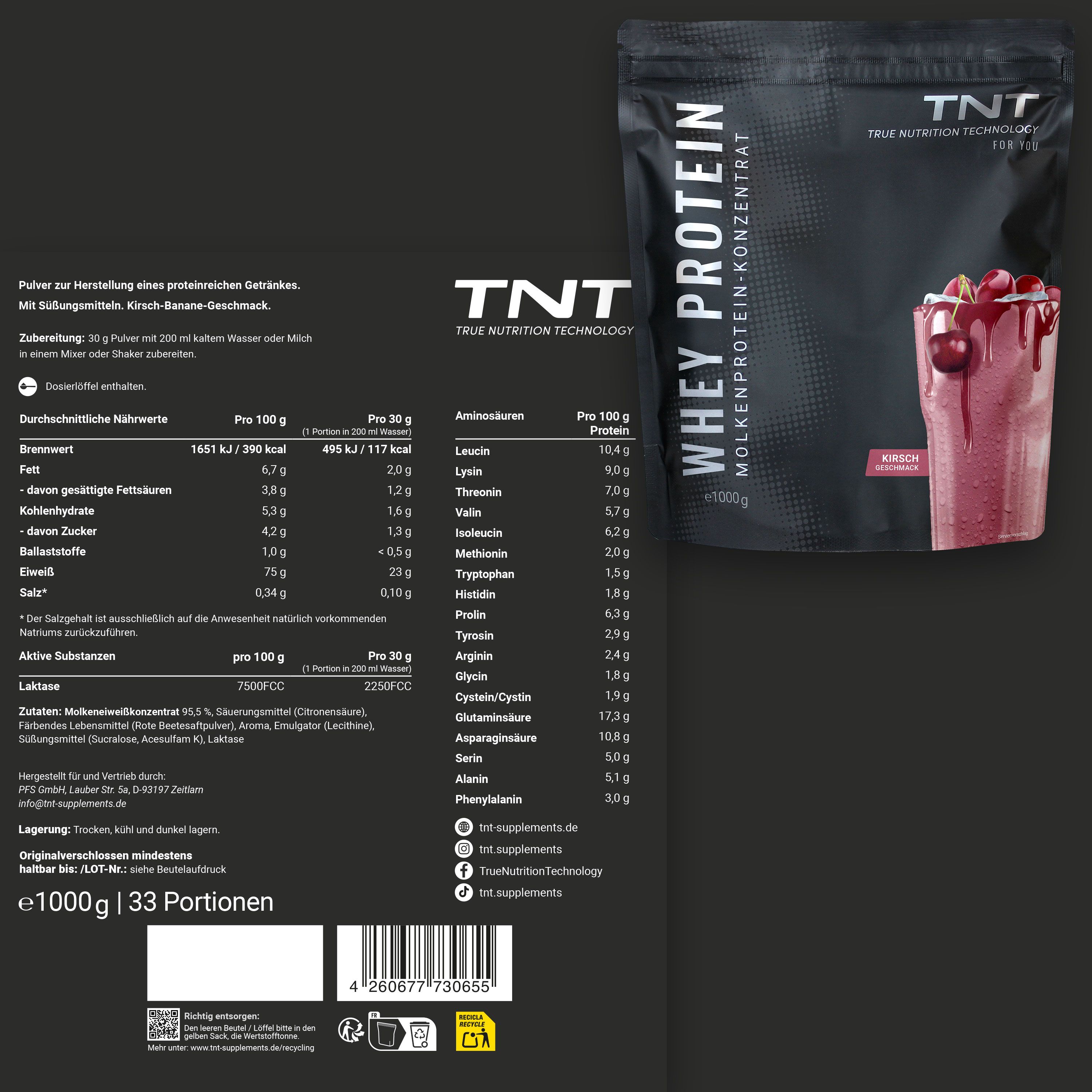 Rückseite eines TNT Whey Protein Konzentrat Beutels mit Nährwertangaben und Zutatenliste.