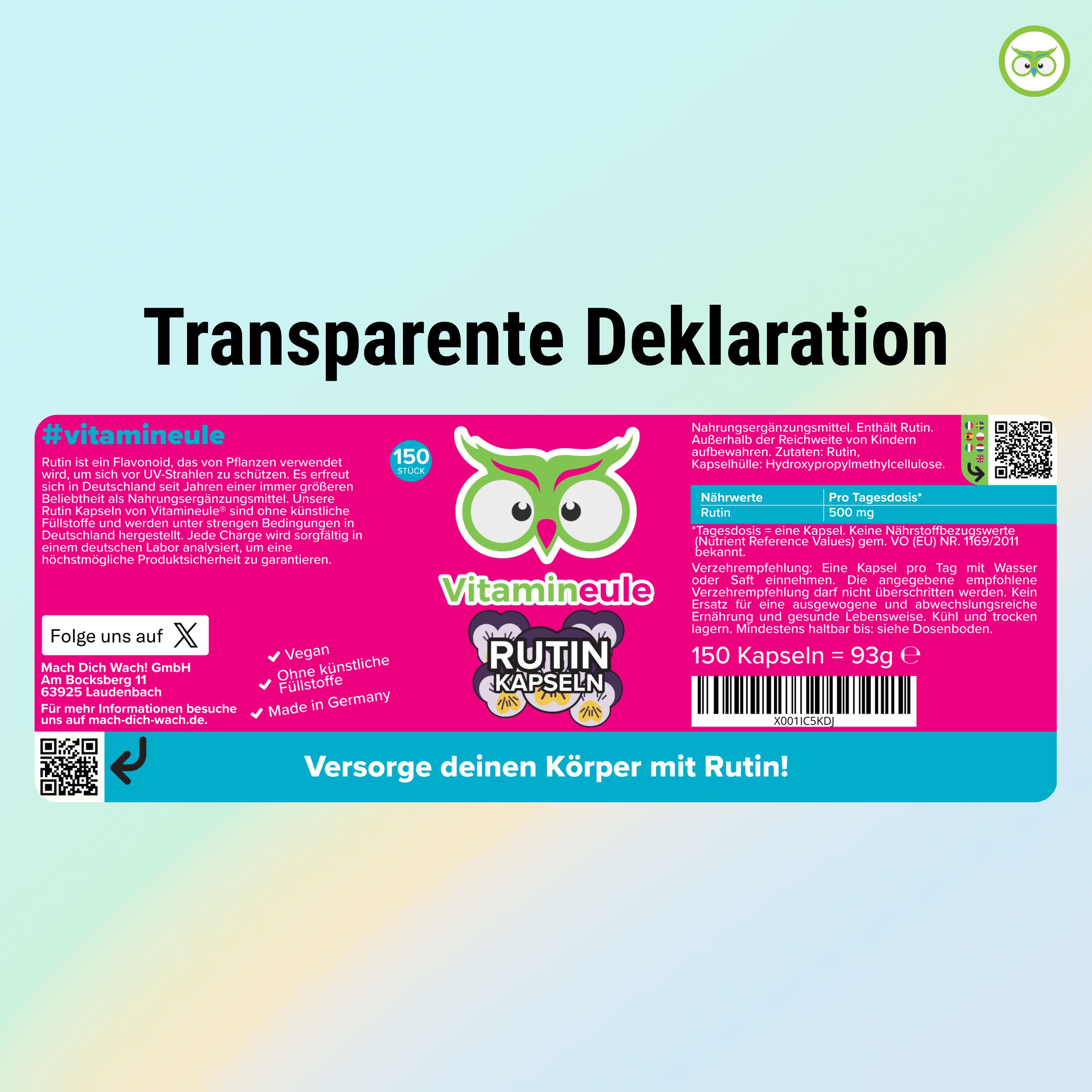 Etikett mit Informationen zu Rutin Kapseln. Enthält Nährwertangaben, Inhaltsstoffe, Herstelleradresse und QR-Code.