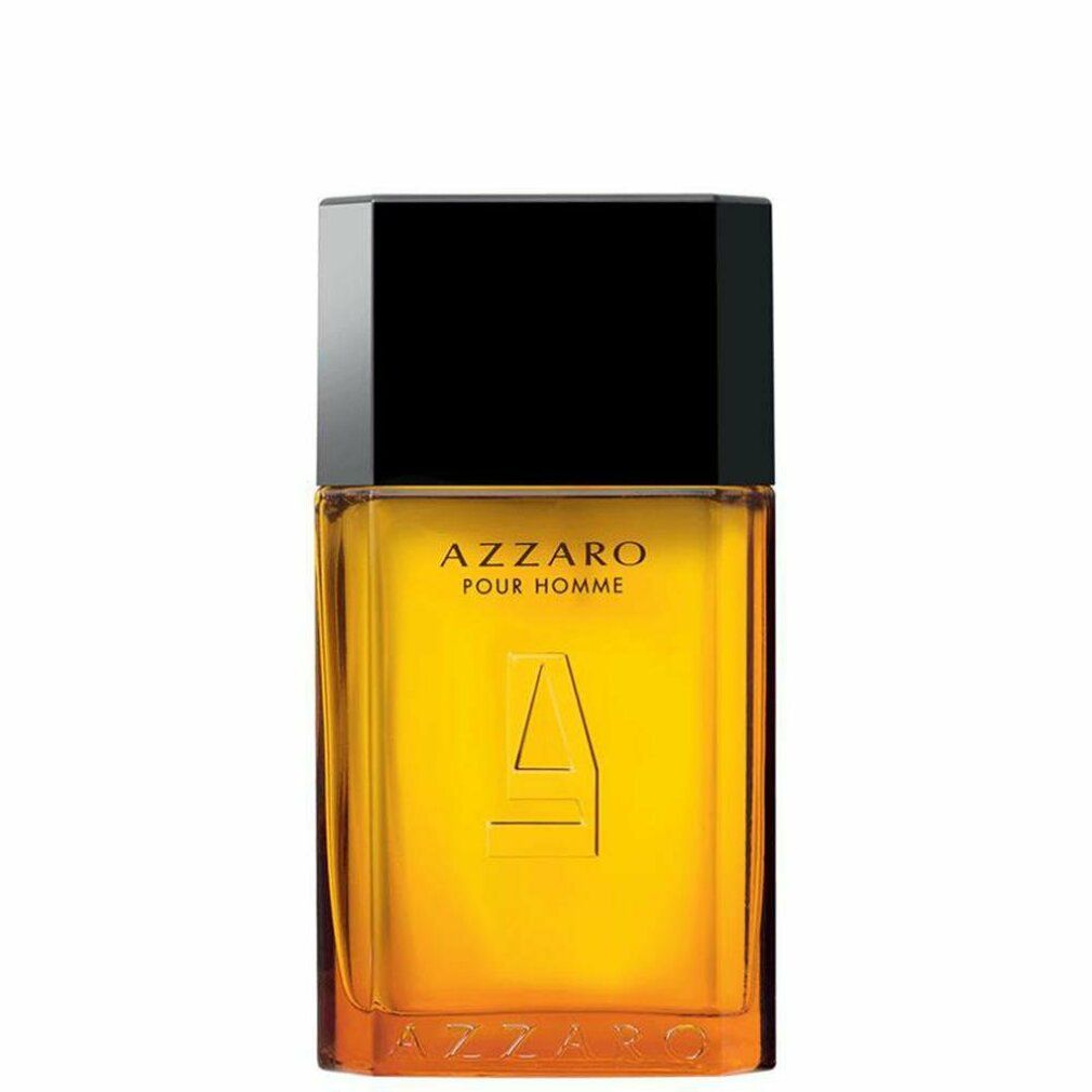 AZZARO POUR HOMME Flakon. Rechteckiger Flakon mit schwarzem Deckel. Logo und Schriftzug AZZARO.