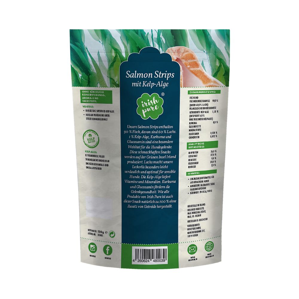 Hundefutter-Leckerli "Salmon Strips mit Kelp-Alge" von Irish Pure, 90% Fisch, getreidefrei.