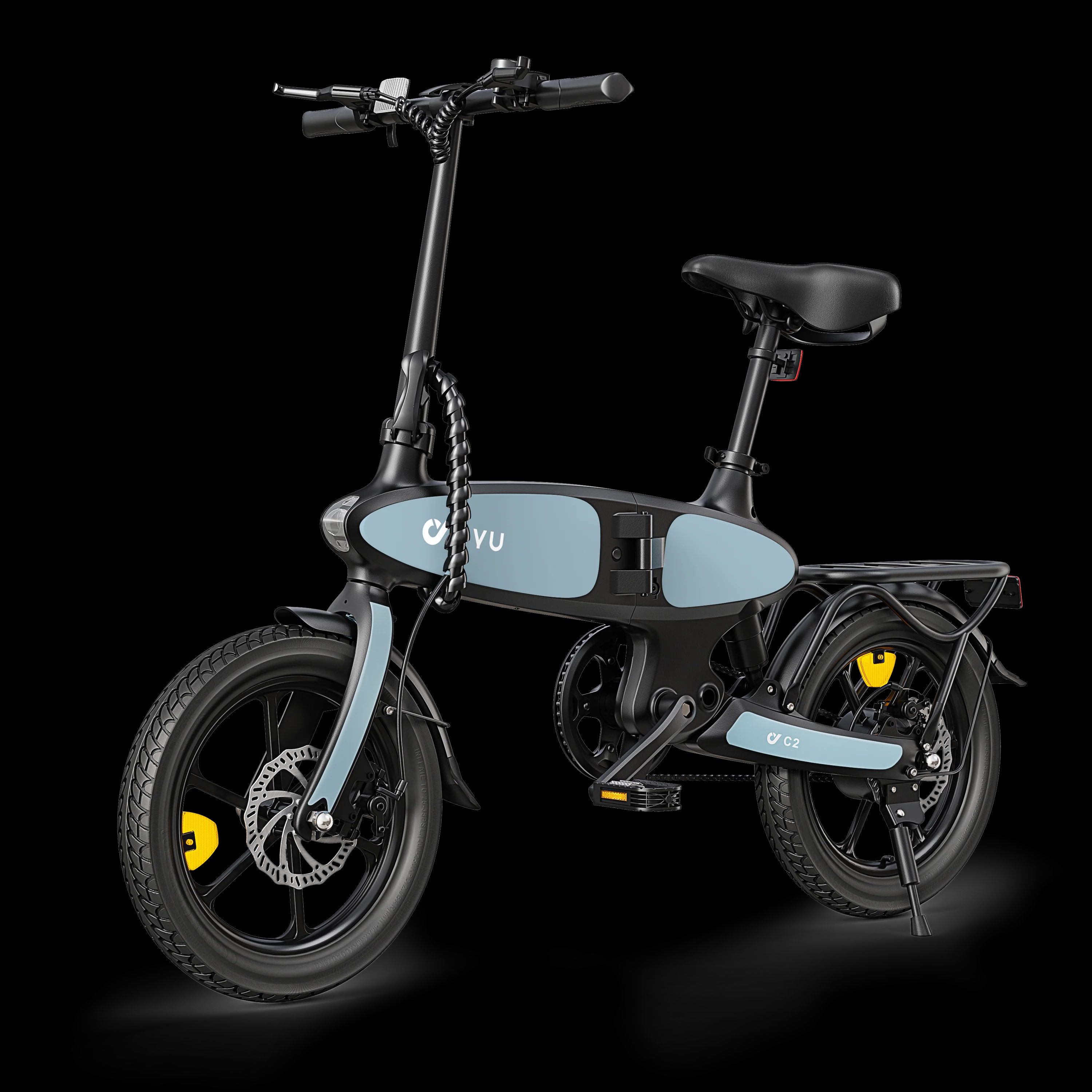 Faltbares E-Bike, hellblau-schwarz, mit DYU-Logo. Es hat einen Gepäckträger, Schutzbleche und gelbe Akzente an den Rädern.