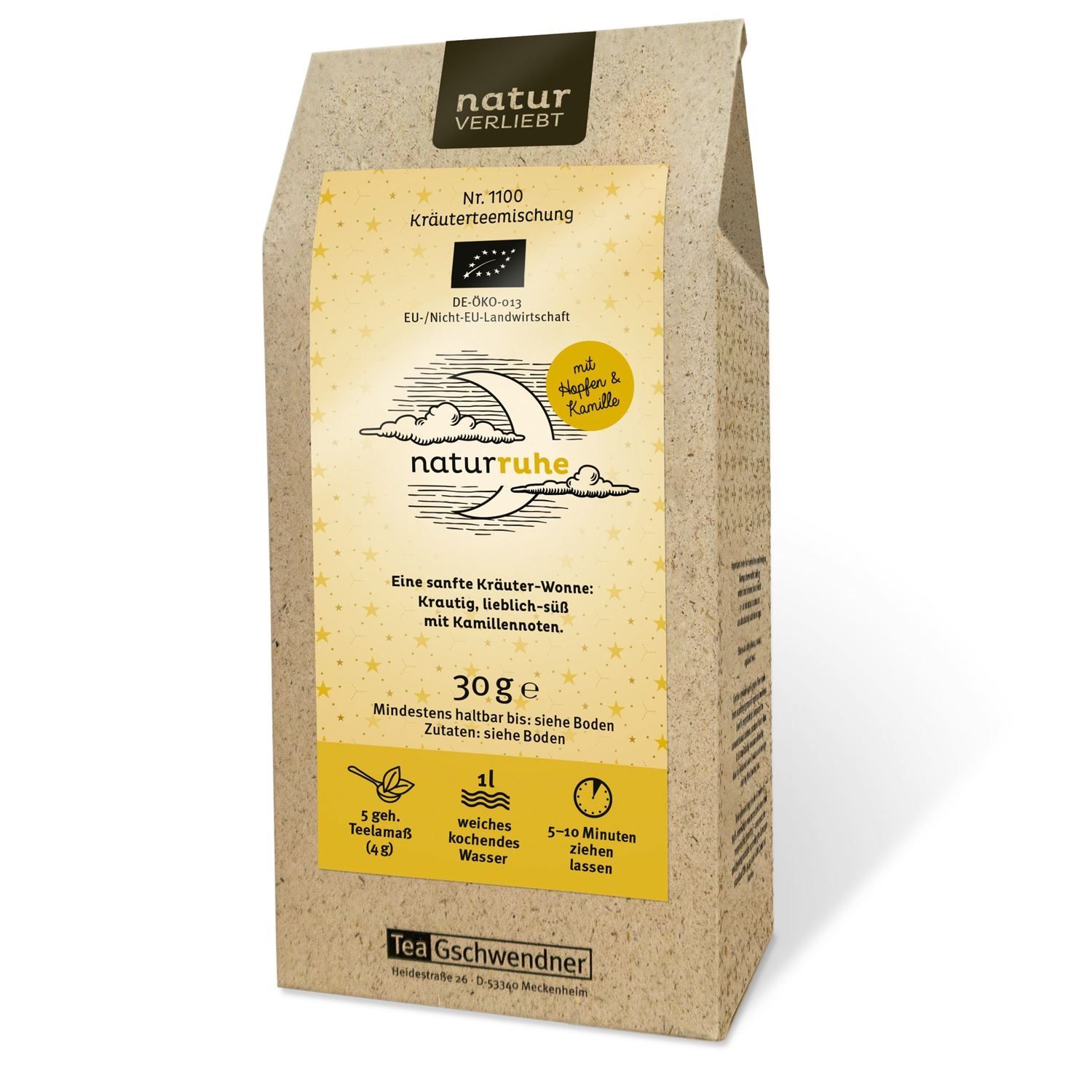 Verpackung TeeGschwendner NATURruhe Bio. Braune Papiertüte mit Aufdruck. Text: Kräuterteemischung, 30g, Bio.