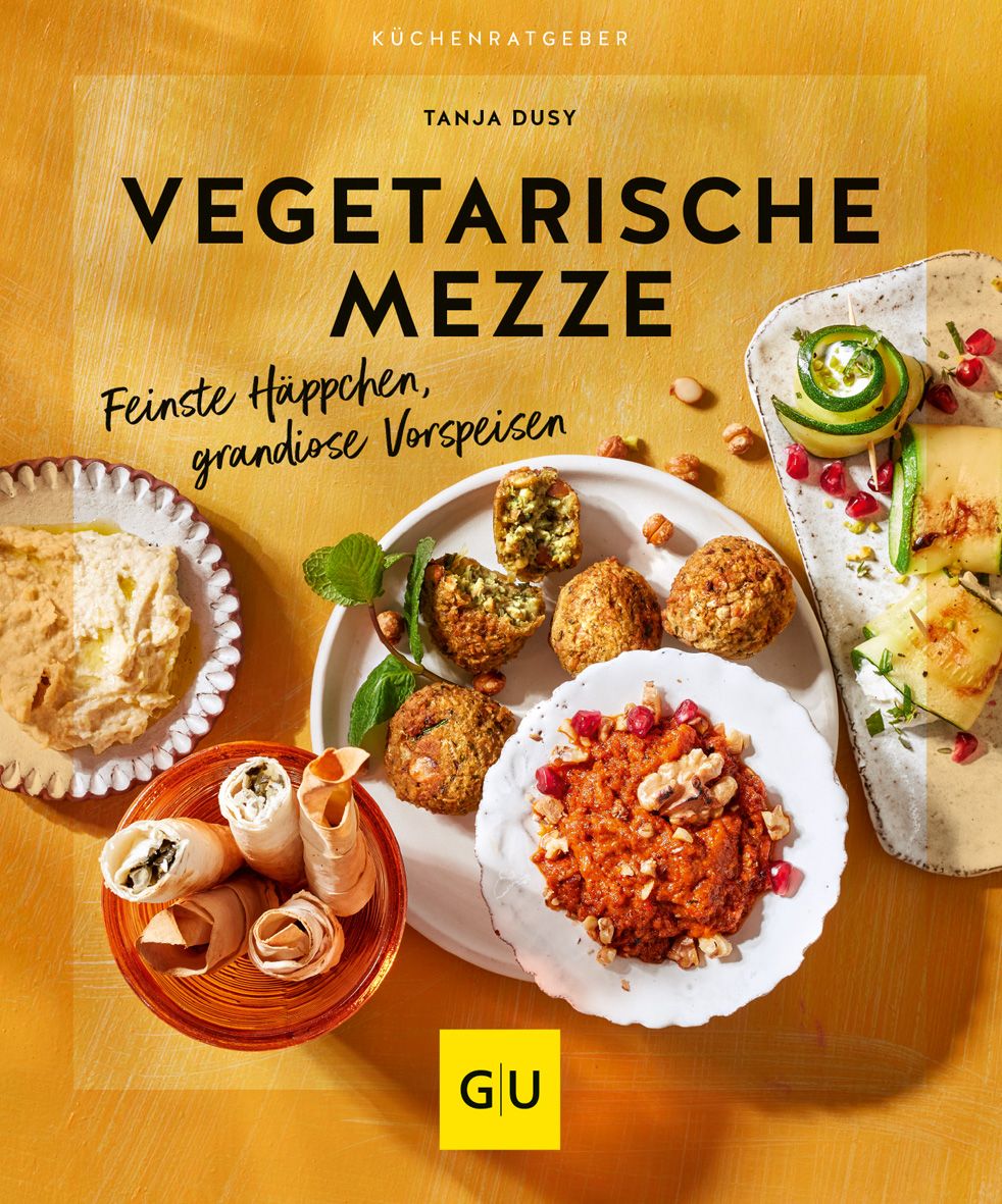 Buchcover mit dem Titel "Vegetarische Mezze". Auf dem Cover sind verschiedene Mezze-Gerichte abgebildet, darunter Hummus und Falafel.