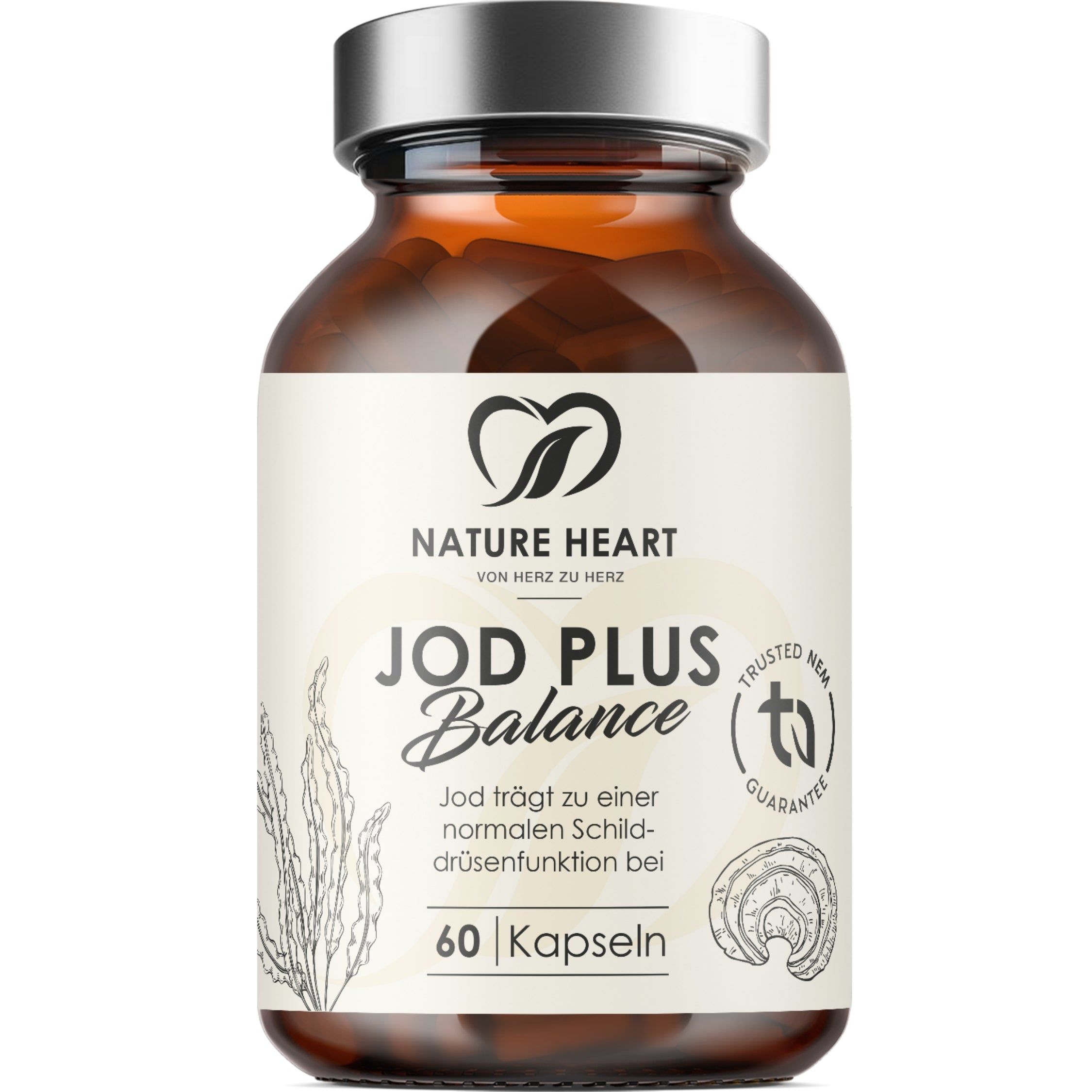 Braunglasflasche mit Nature Heart Jod Plus Balance Kapseln, 60 Stück.