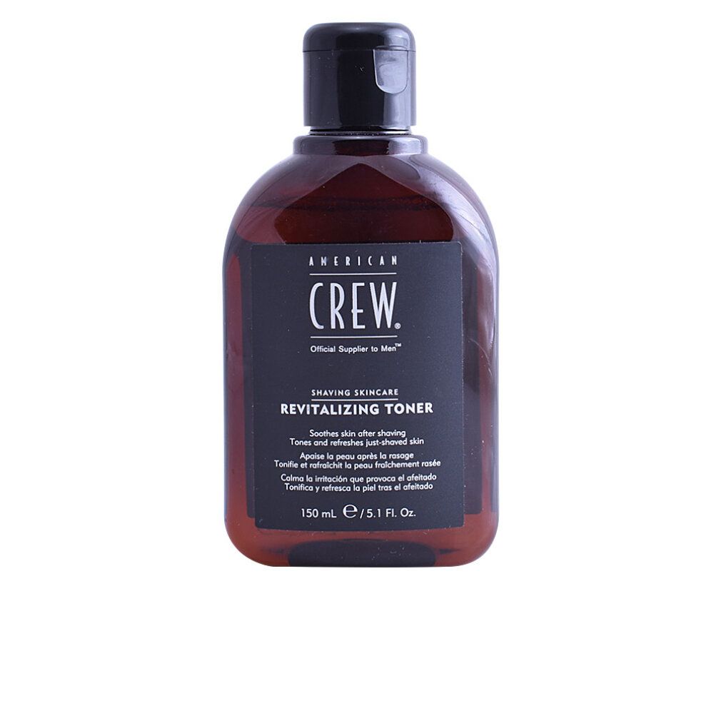 Braune Flasche mit schwarzem Deckel. Aufschrift: AMERICAN CREW, Revitalizing Toner. 150 ml / 5.1 fl oz.