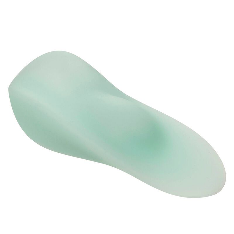 Türkisfarbener Vibrator mit geschwungener Form. Glatte Oberfläche.