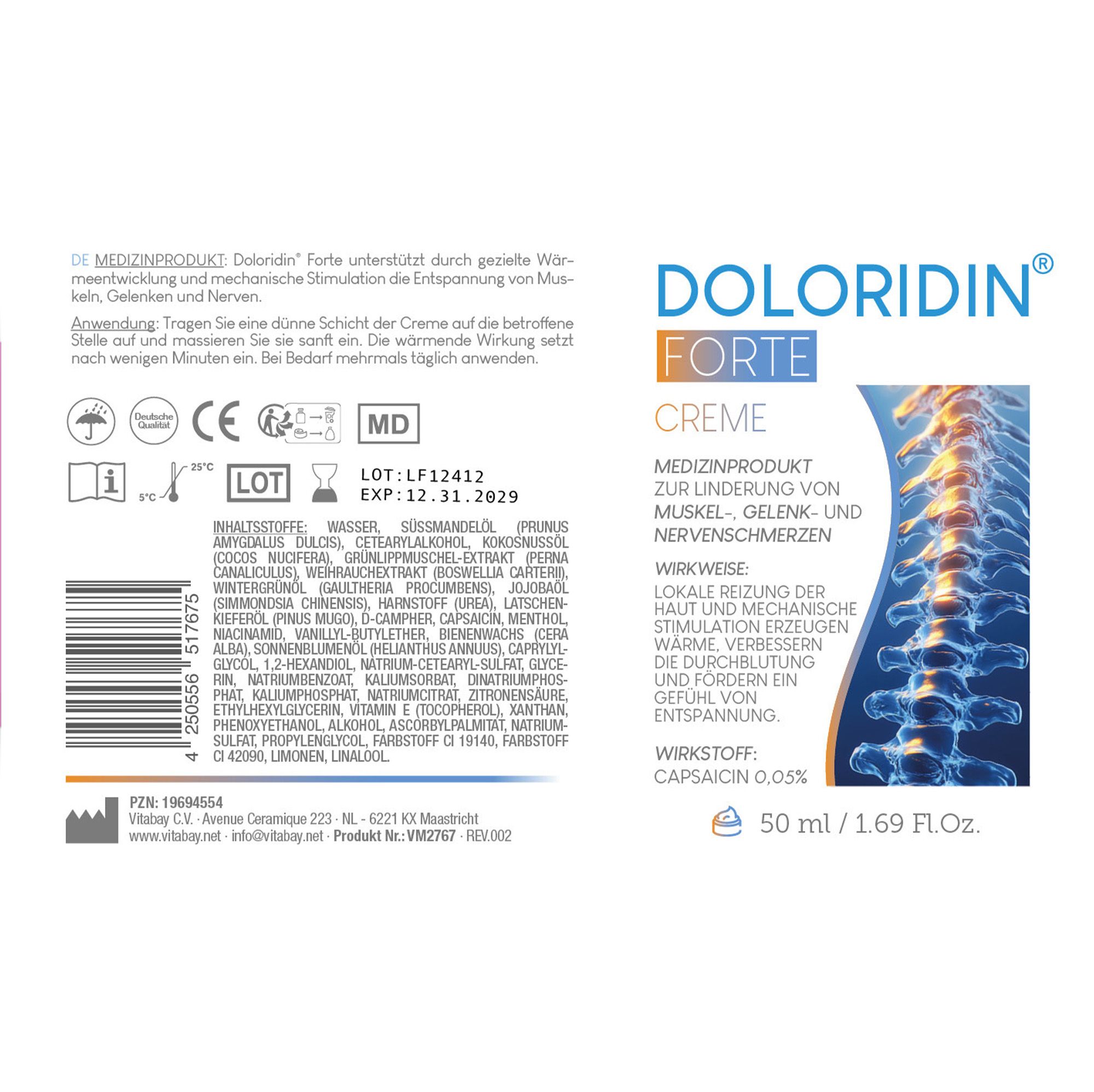 Produktetikett mit Creme, Text: Doloridin Forte Creme, 50 ml. Wirkstoffe: Capsaicin 0,05%.