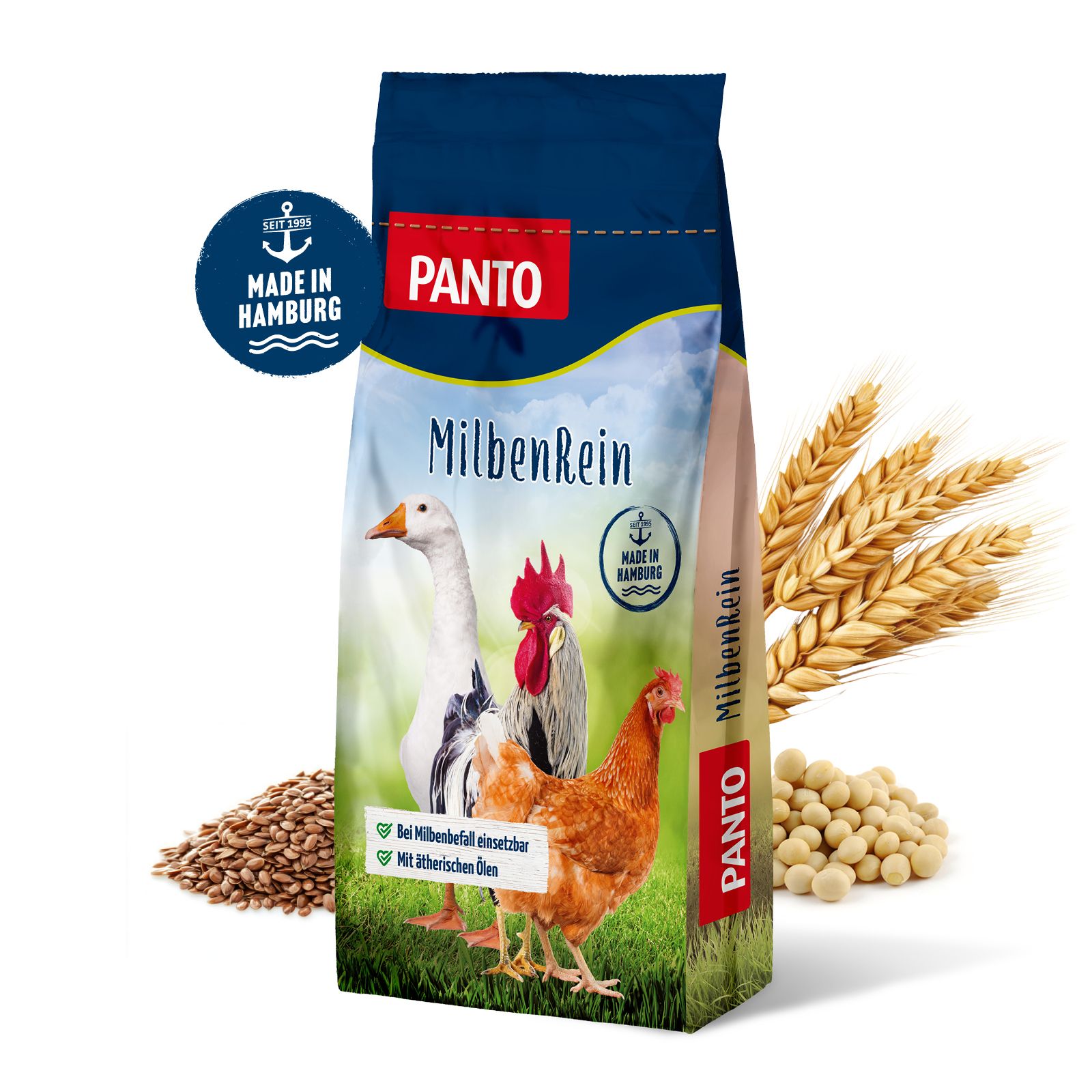 Verpackung von PANTO MilbenRein. Enthält Abbildungen von Geflügel und Getreide. Text: MilbenRein, Made in Hamburg.