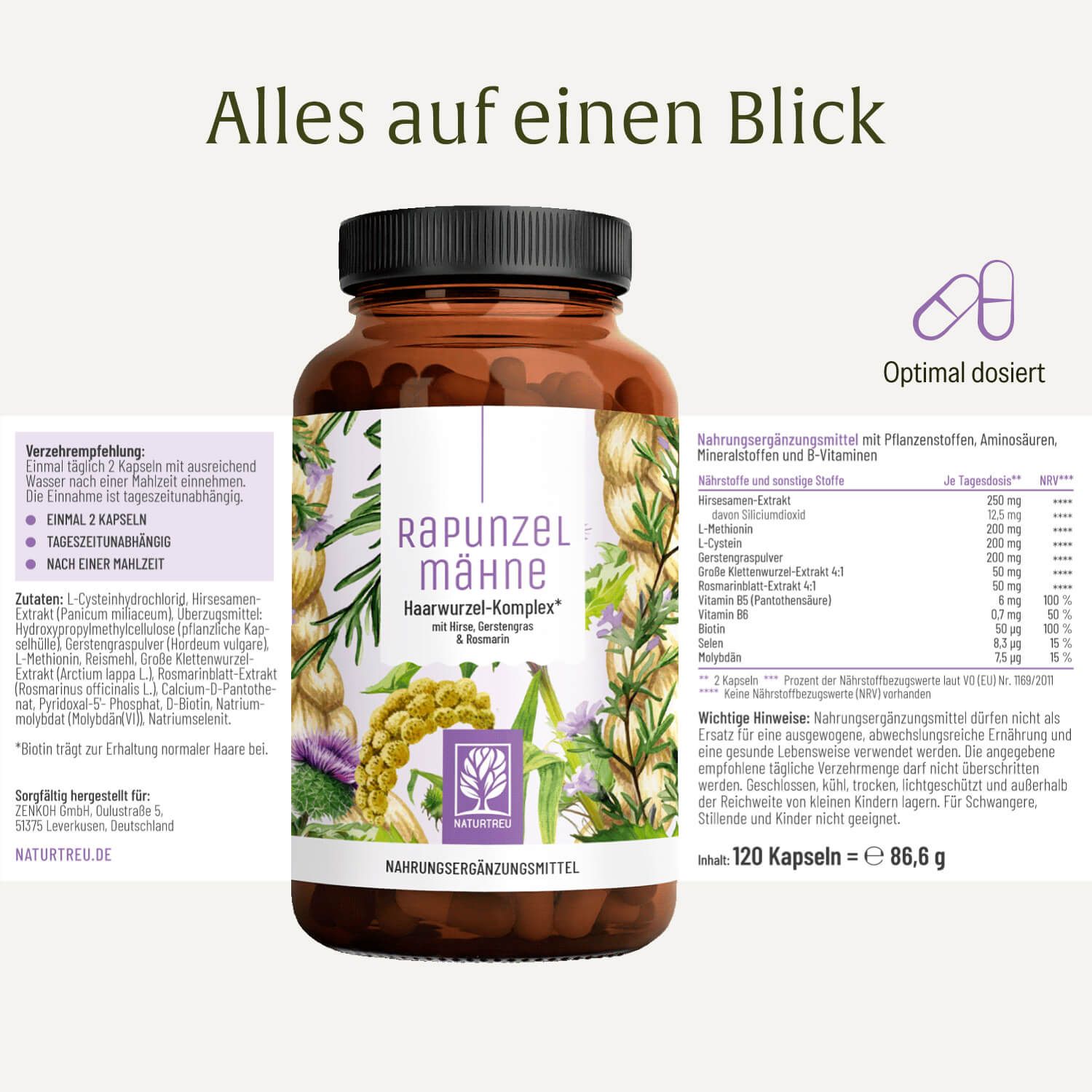Flasche mit Haar-Komplex-Kapseln, mit detaillierter Nährwerttabelle und Anwendungshinweisen.