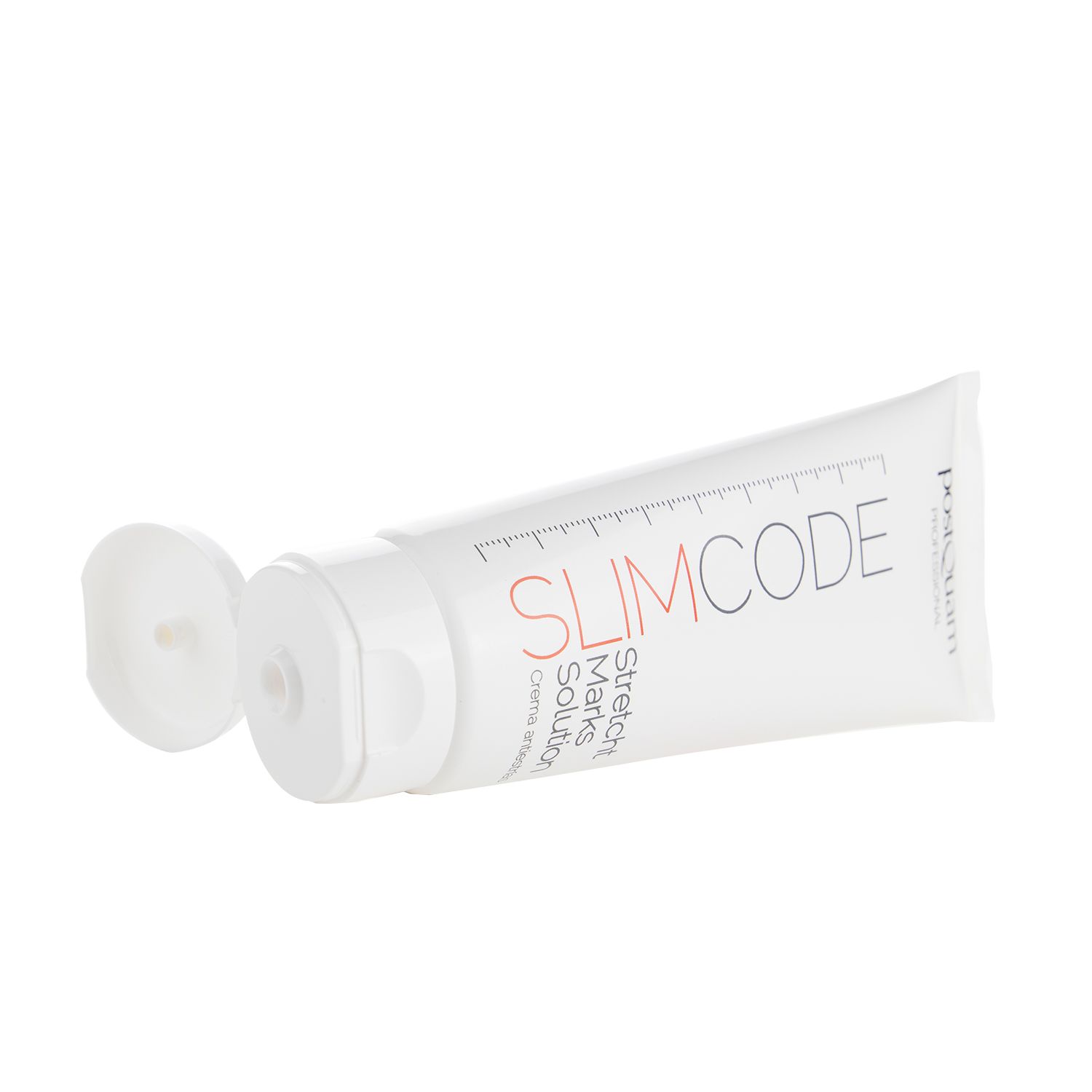 Weiße Tube mit roter Aufschrift SLIMCODE und Stretch Marks Solution. Offener Deckel. Marke Postquam.