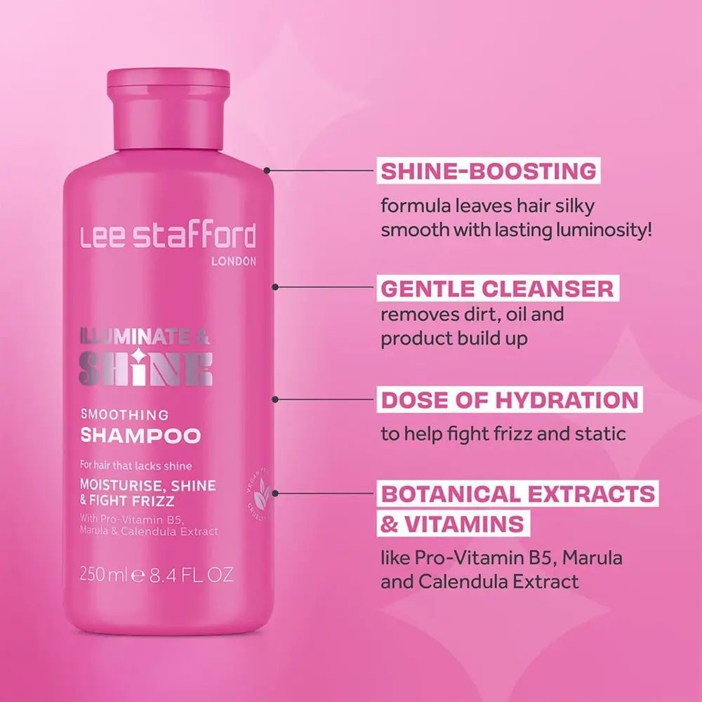 Rosa Shampoo-Flasche mit Text. Beschriftung: "Lee Stafford LONDON", "Illuminate & Shine Shampoo". Text über Inhaltsstoffe.