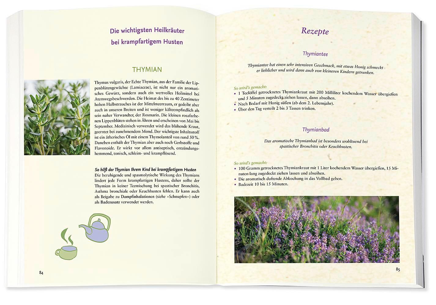 Buchseite mit Text und Illustrationen. Überschrift: Die wichtigsten Heilkräuter bei krampfartigem Husten. Thymian-Illustration.