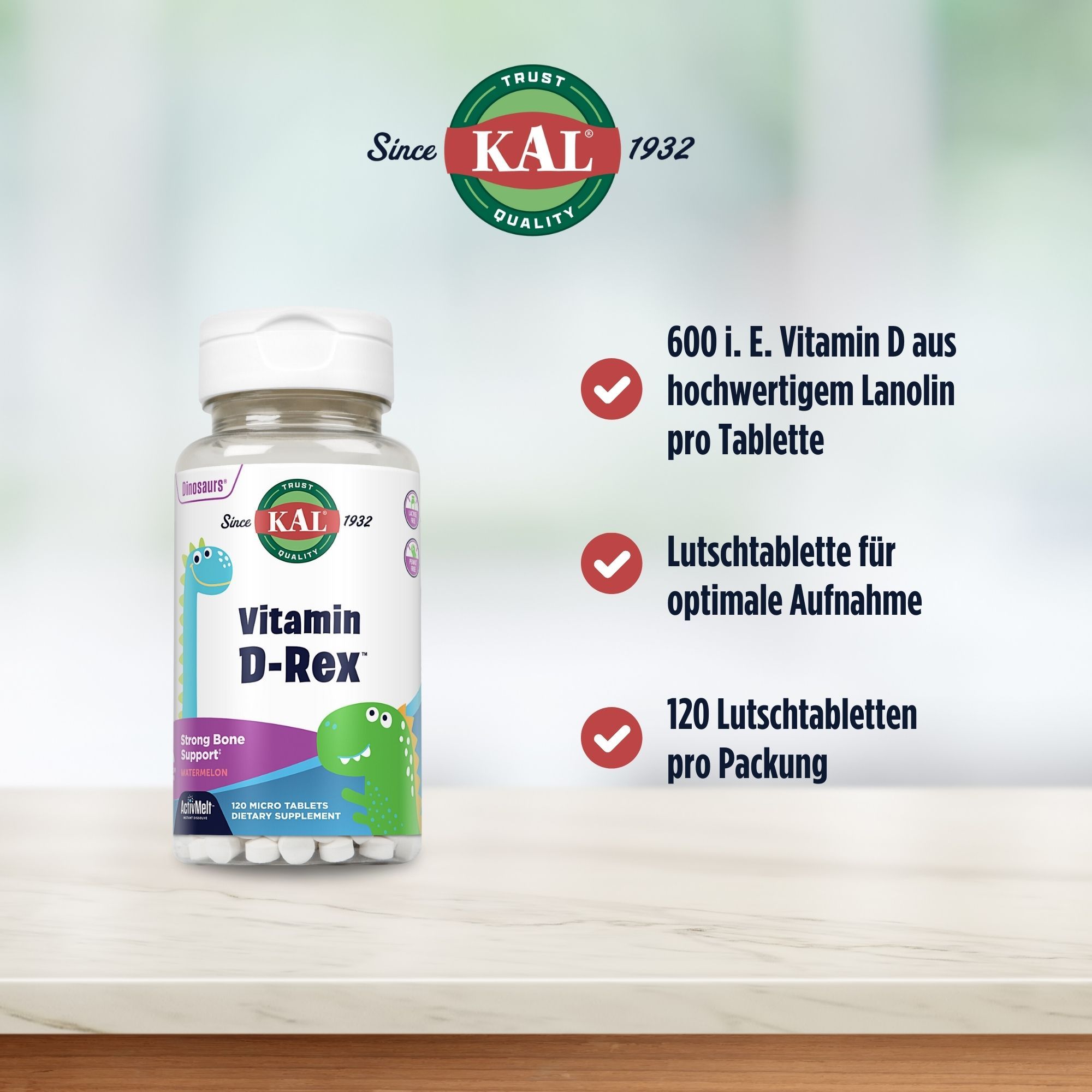 KAL Vitamin D-Rex D3 600 i.E. ActivMelt. Flasche mit Lutschtabletten. Text: 600 i.E. Vitamin D, Lutschtablette, 120 Tabletten pro Packung.