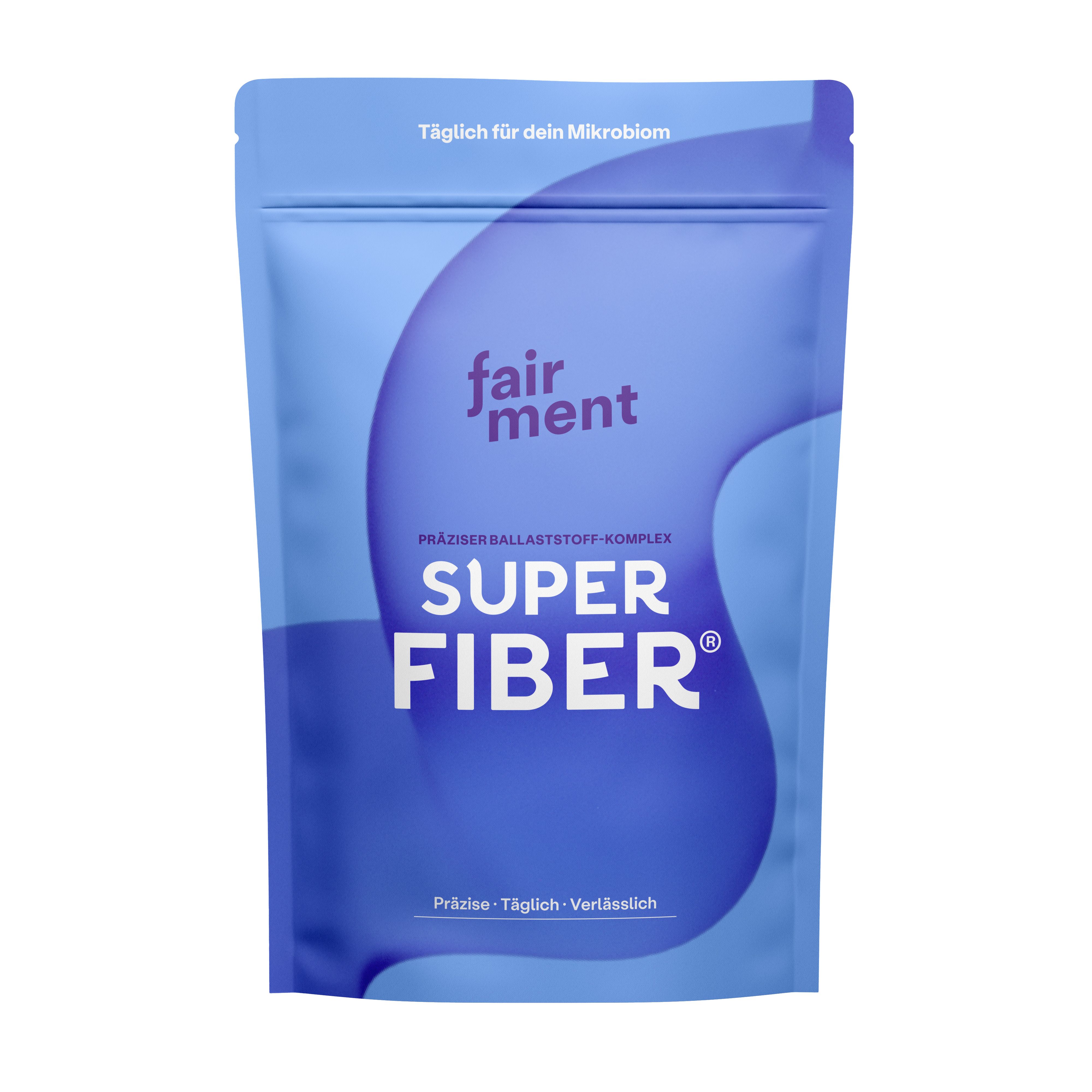Blaue Verpackung mit "fairment"-Logo und "SUPER FIBER®" Schriftzug. Präzise Ballaststoff-Komplex. "Täglich für dein Mikrobiom".