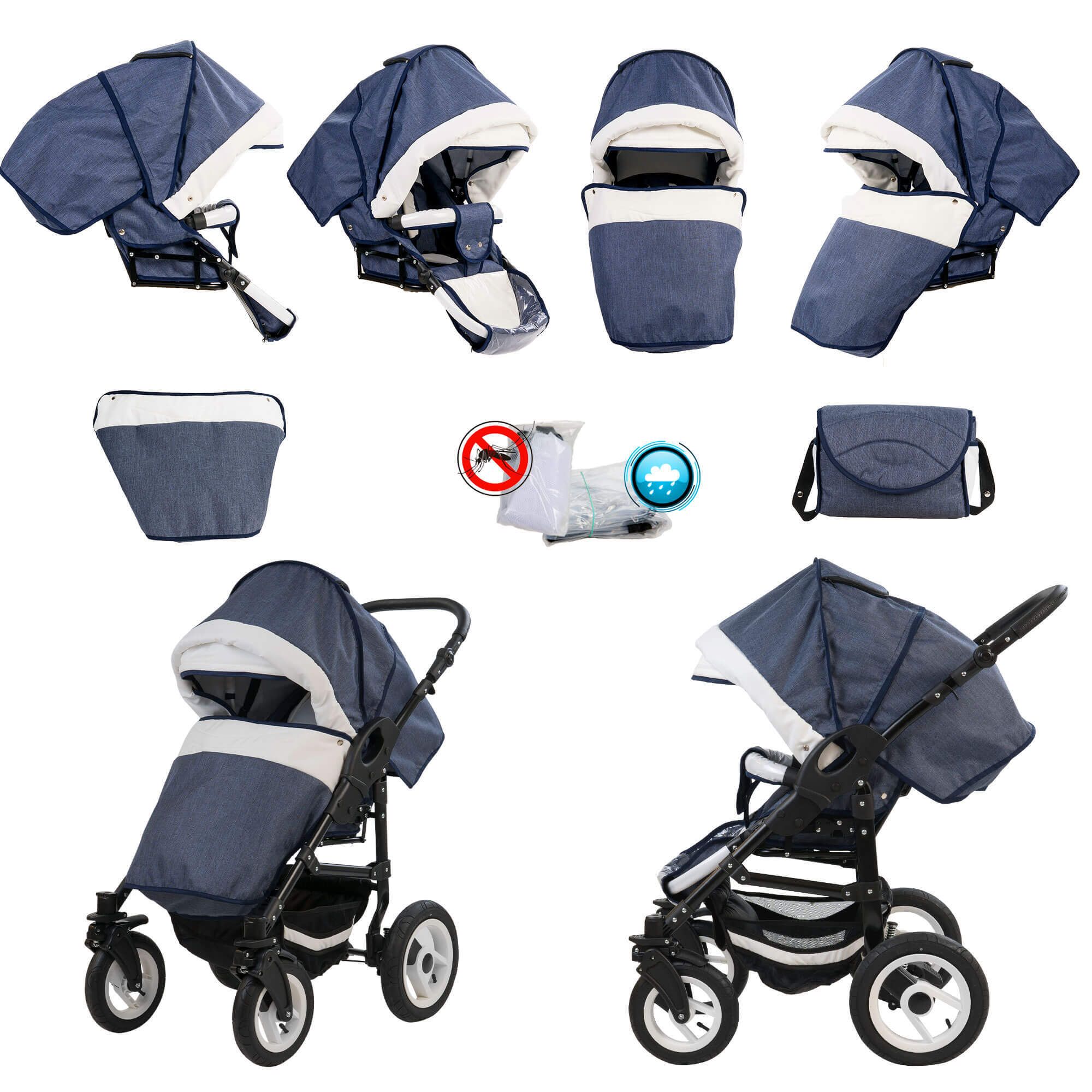 Kombikinderwagen, blau-weiß, mit Luftreifen. Enthält Tragetasche, Tasche, Zubehör. Mehrere Ansichten.