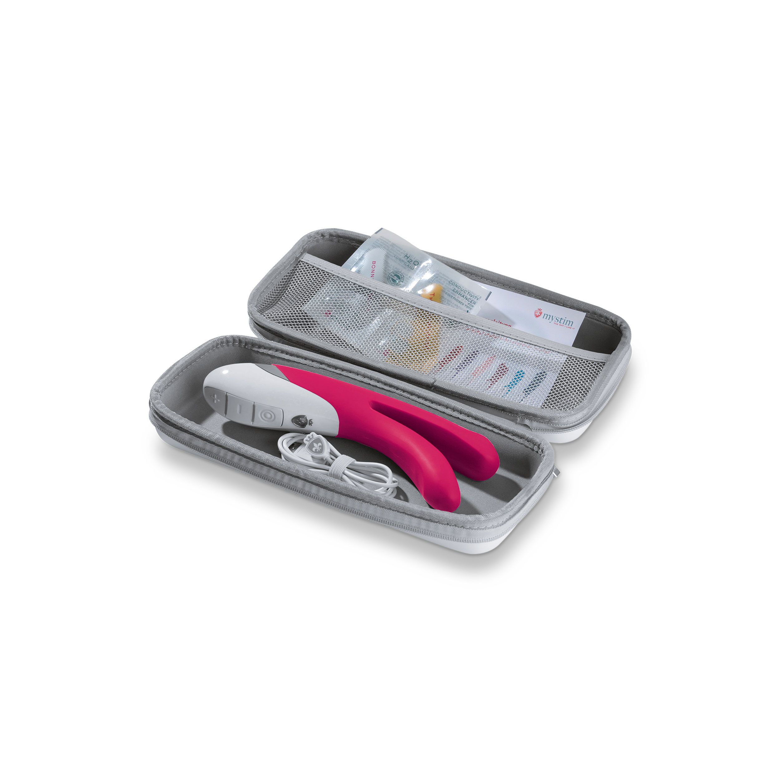 Vibrator, Kabel und Zubehör in einer grauen Tasche. Reißverschluss.