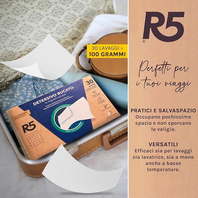 Produktverpackung mit Waschmittelblättern in einem Koffer. Text: "Detersivo Bucato in foglietti solubili".