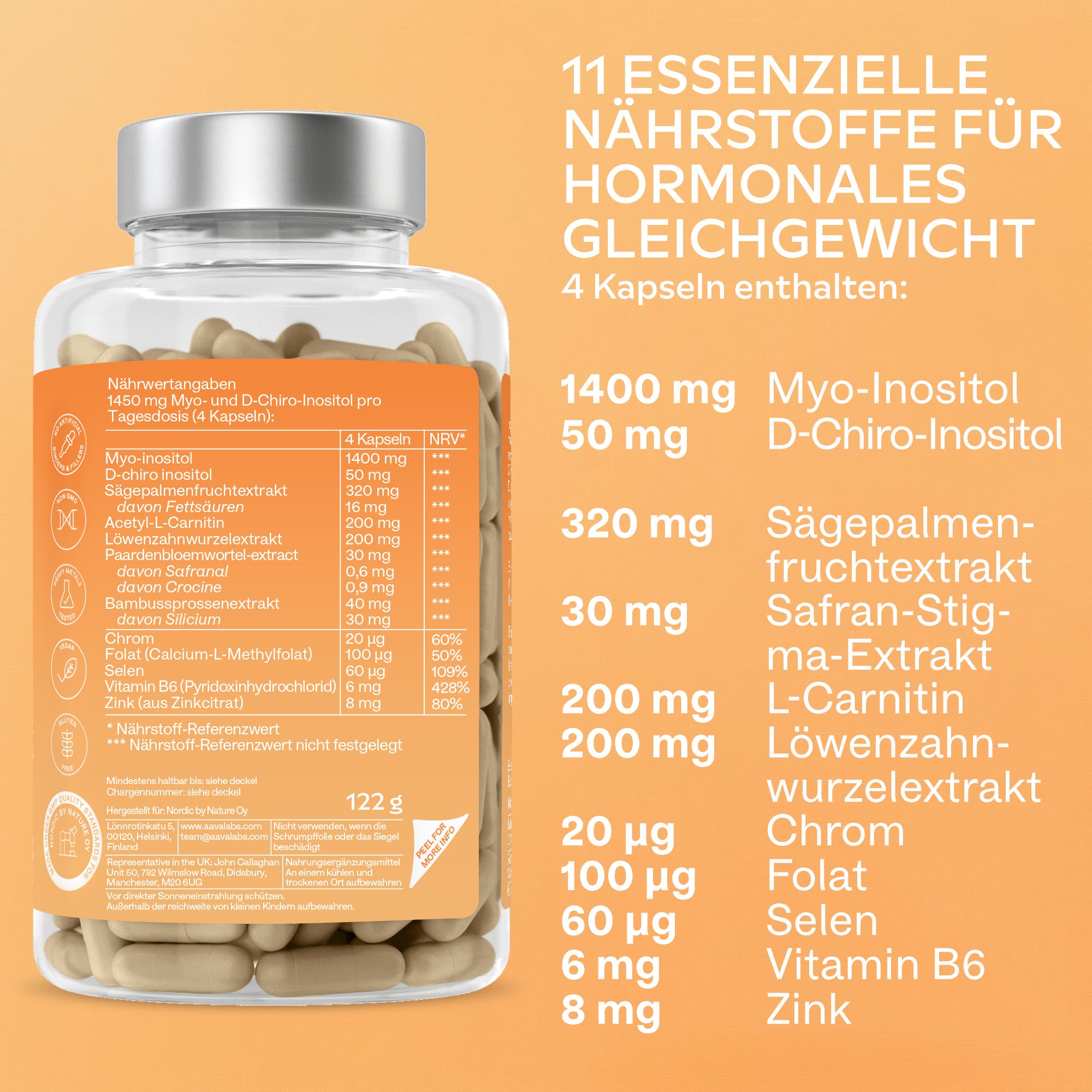 Rückseite der Flasche mit Nährwertangaben. Enthält Myo-Inositol, D-Chiro-Inositol und weitere Inhaltsstoffe.