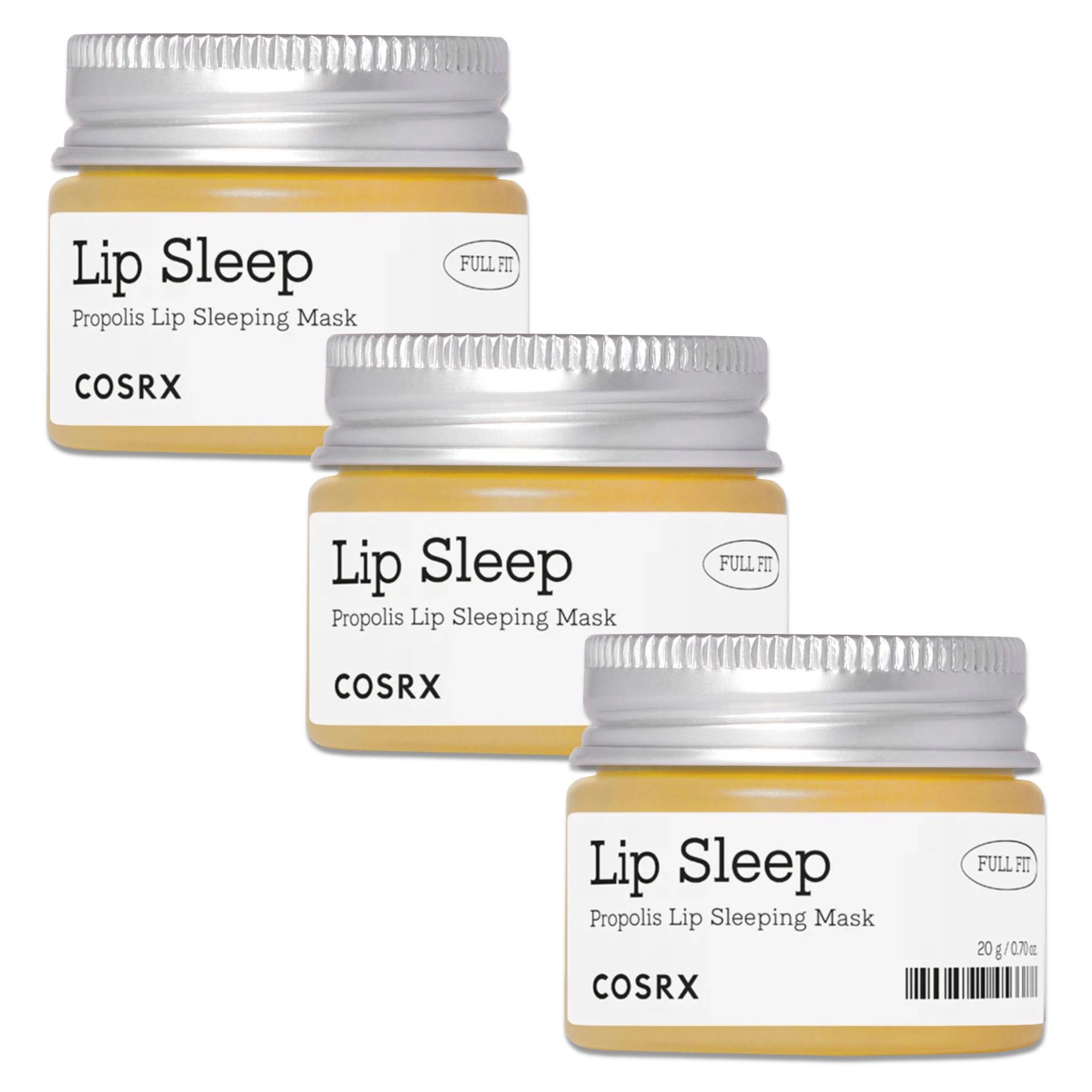 Drei kleine Gläser mit silbernen Deckeln. Aufkleber mit "Lip Sleep" und "COSRX". Gelbe Creme sichtbar.