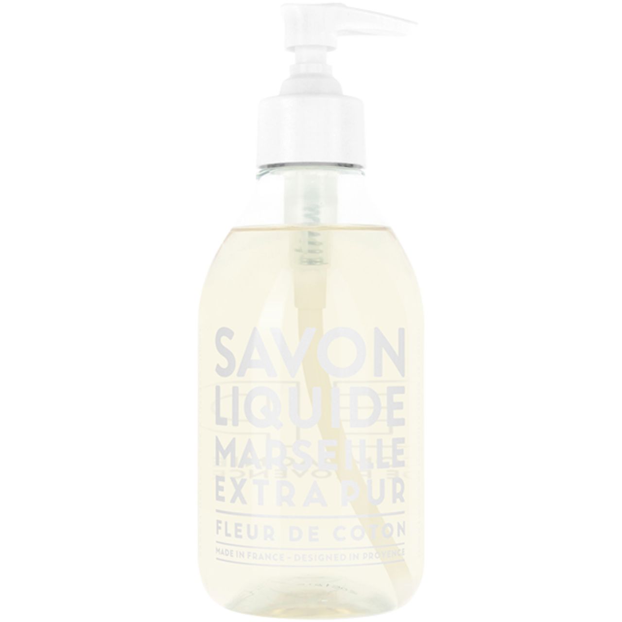 Transparente Flasche mit weißem Pumpkopf. Aufschrift: Savon Liquide Marseille Extra Pur, Fleur de Coton.