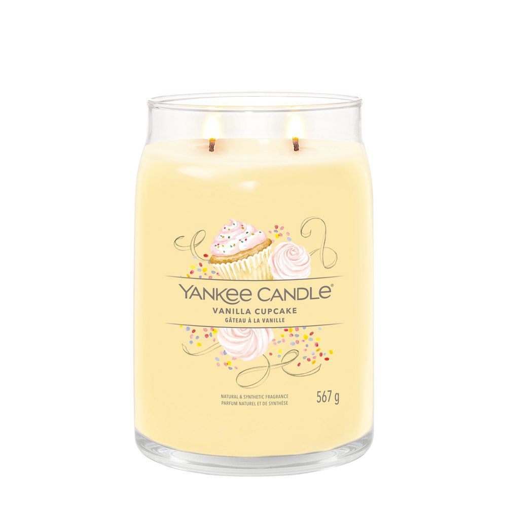 Yankee Candle Duftkerze Vanilla Cupcake im Glas. Aufkleber mit Produktname und Cupcake-Motiv. 567g.